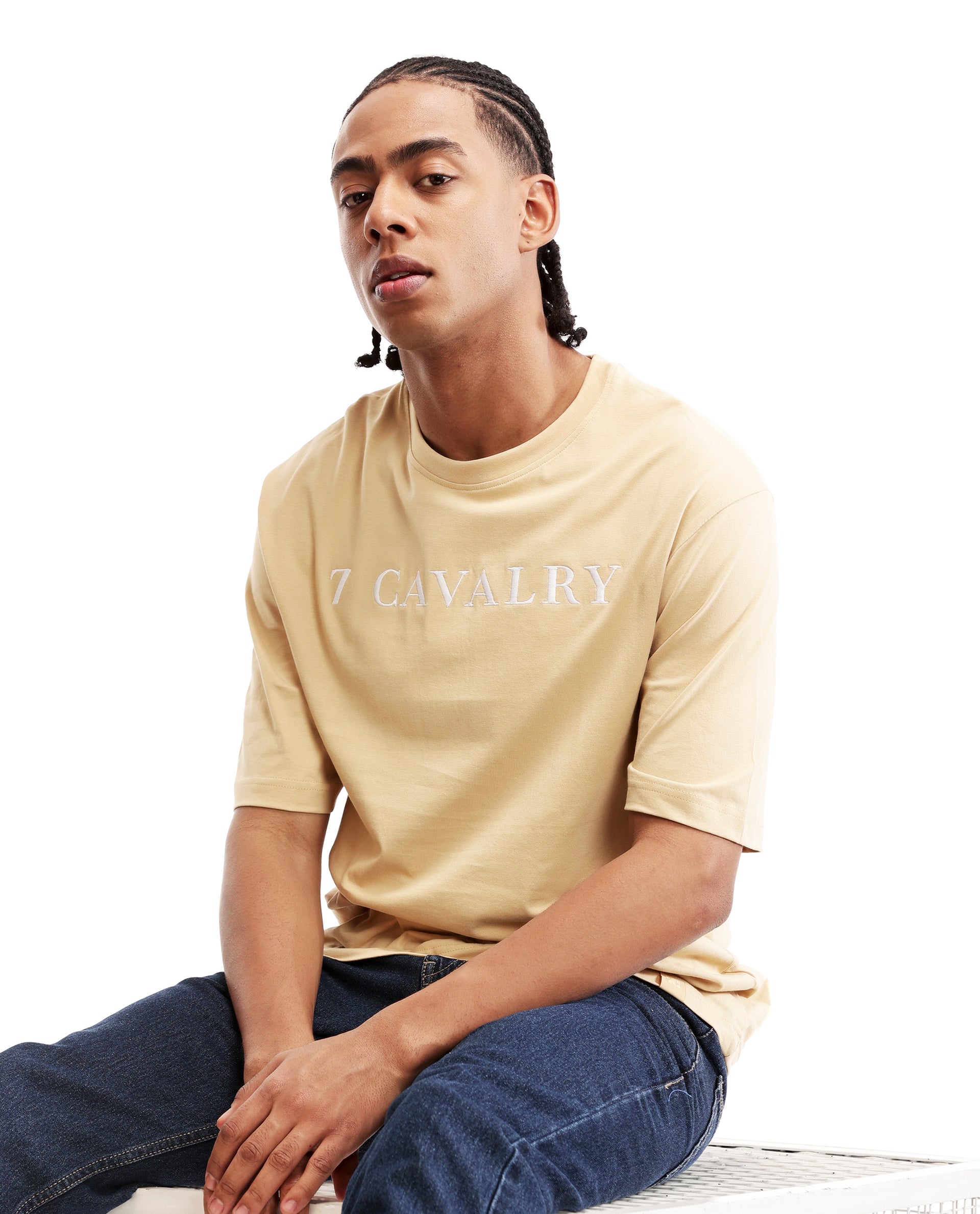 Camel Beige Single Jersey Crew Neck Oversized T-Shirt with Pure White Embroidery