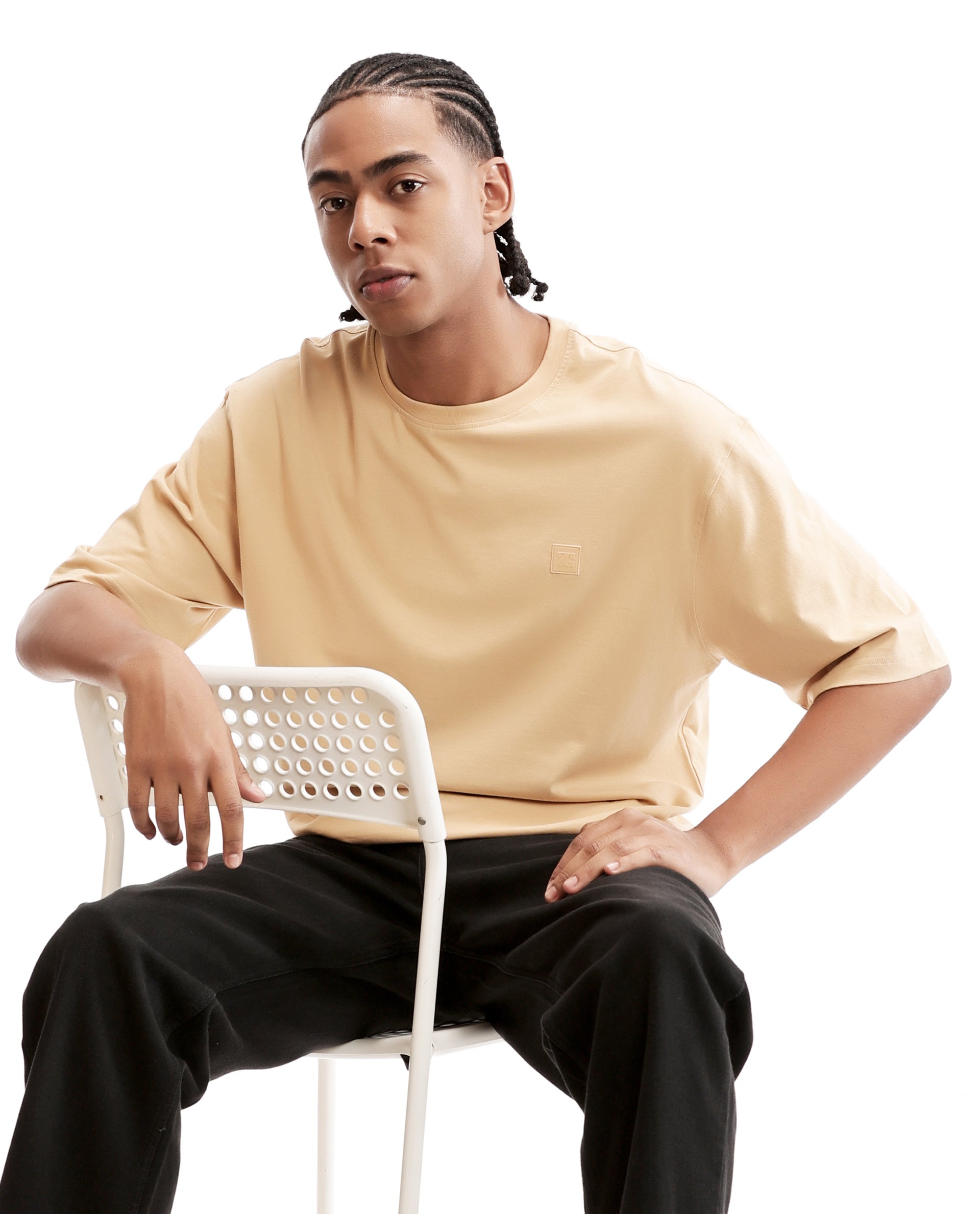 Camel Beige Single Jersey Crew Neck Oversized T-Shirt with 7C Premium Rubber Badge