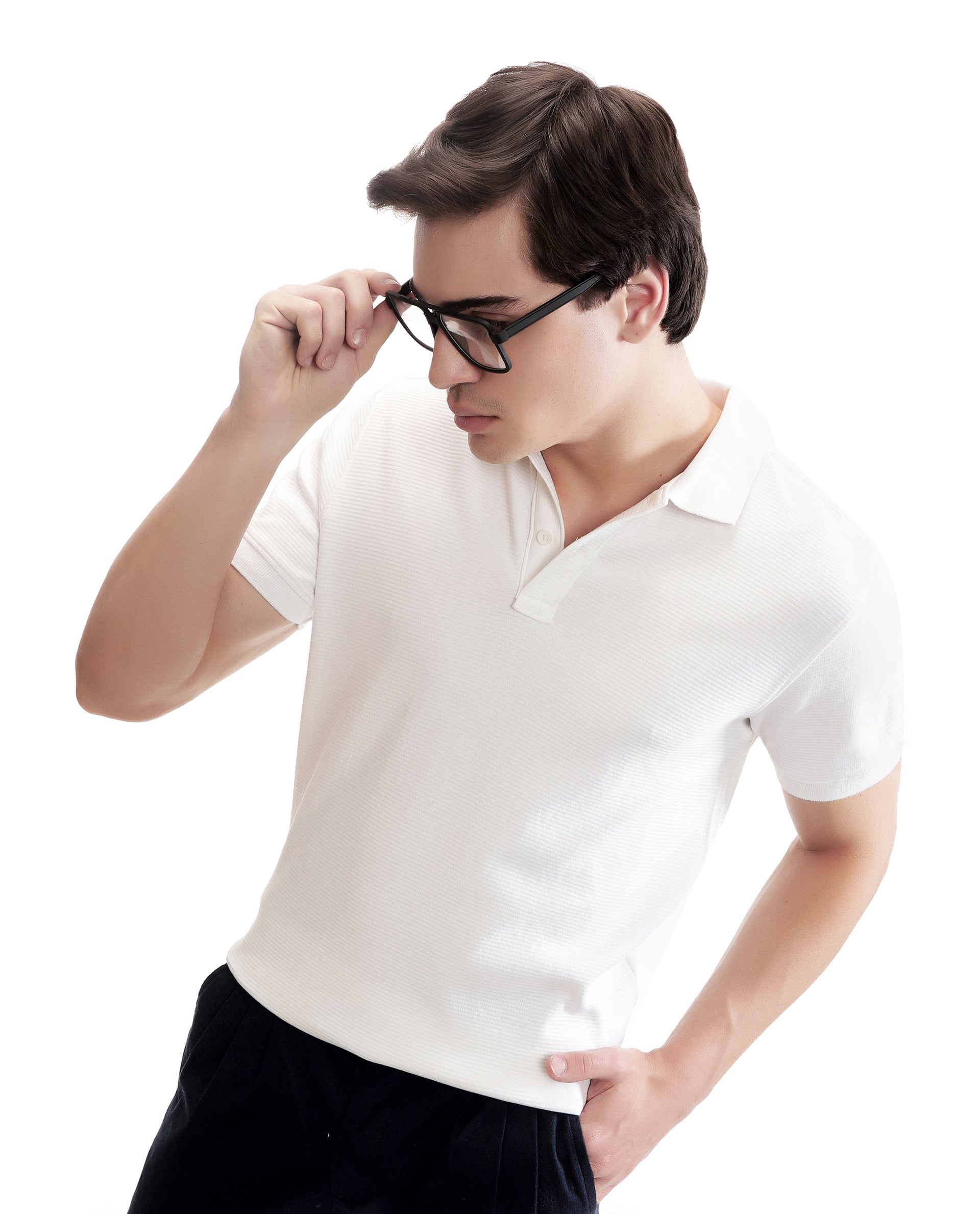Pure White Knitted Ottoman Polo with Ribbed Collar