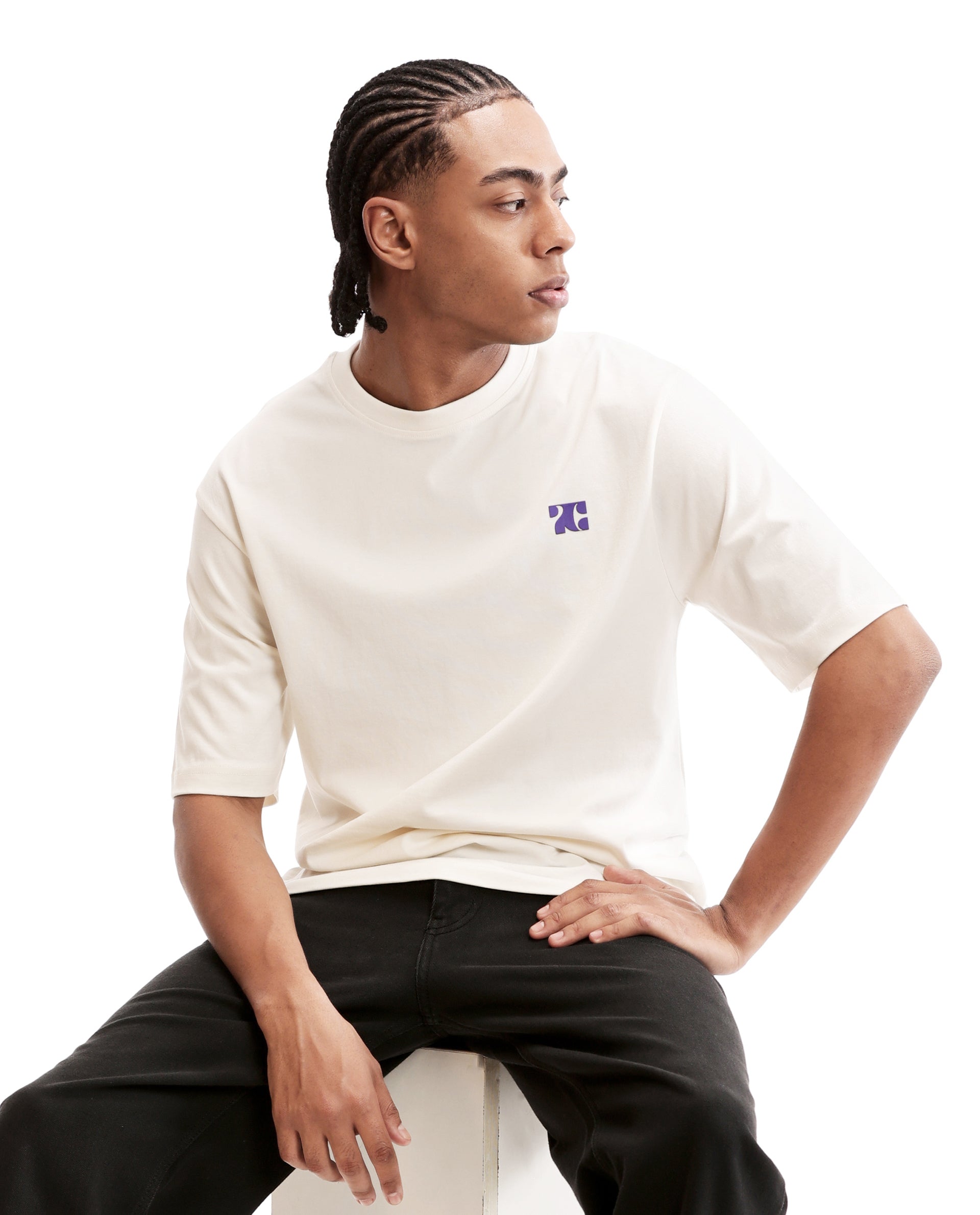 Ivory White Single Jersey Crew Neck Oversized T-Shirt with Deep Purple HD Print