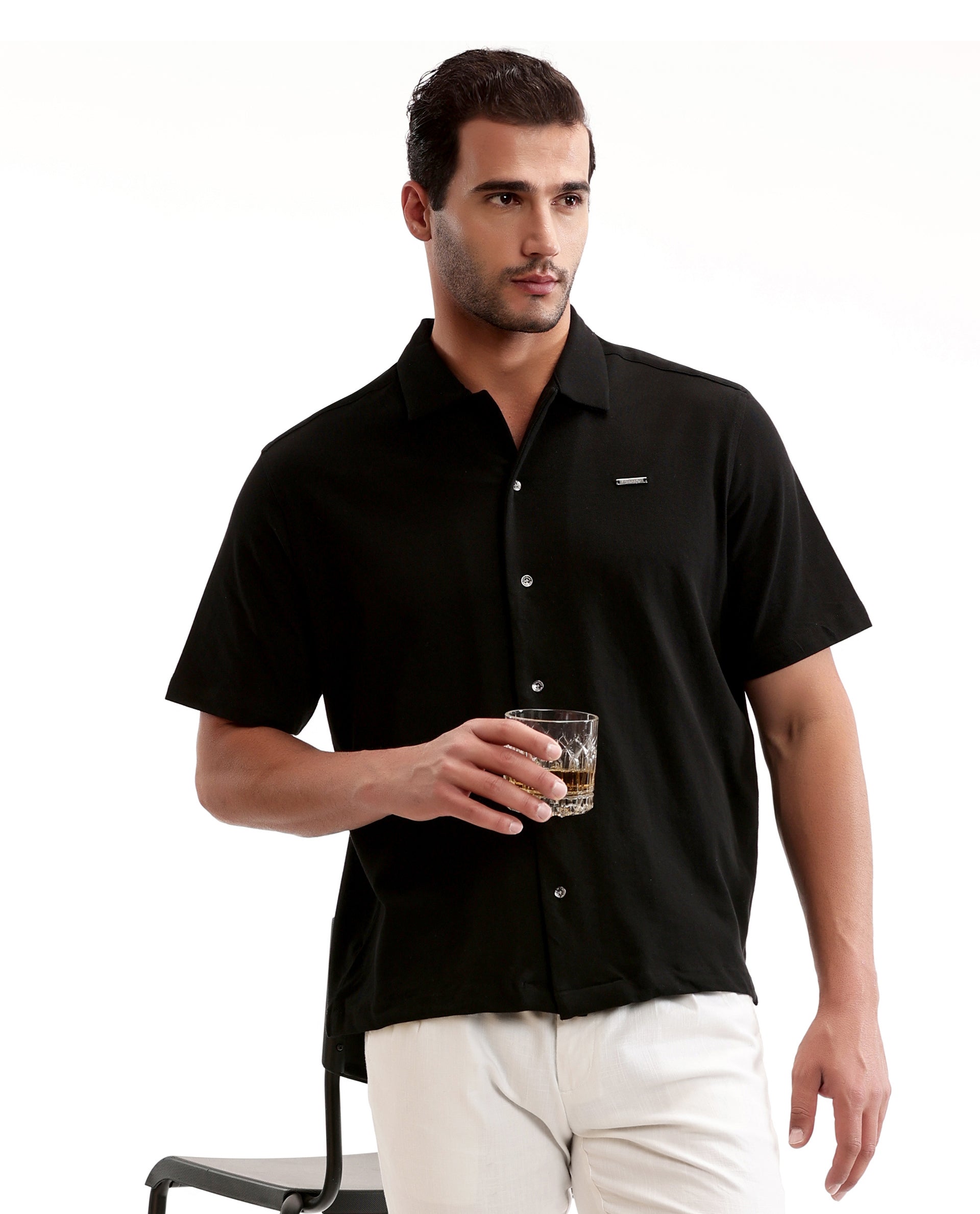 Charcoal Black Pique Knit Shirt with 7C Metal Buttons, Gun Metal Badge