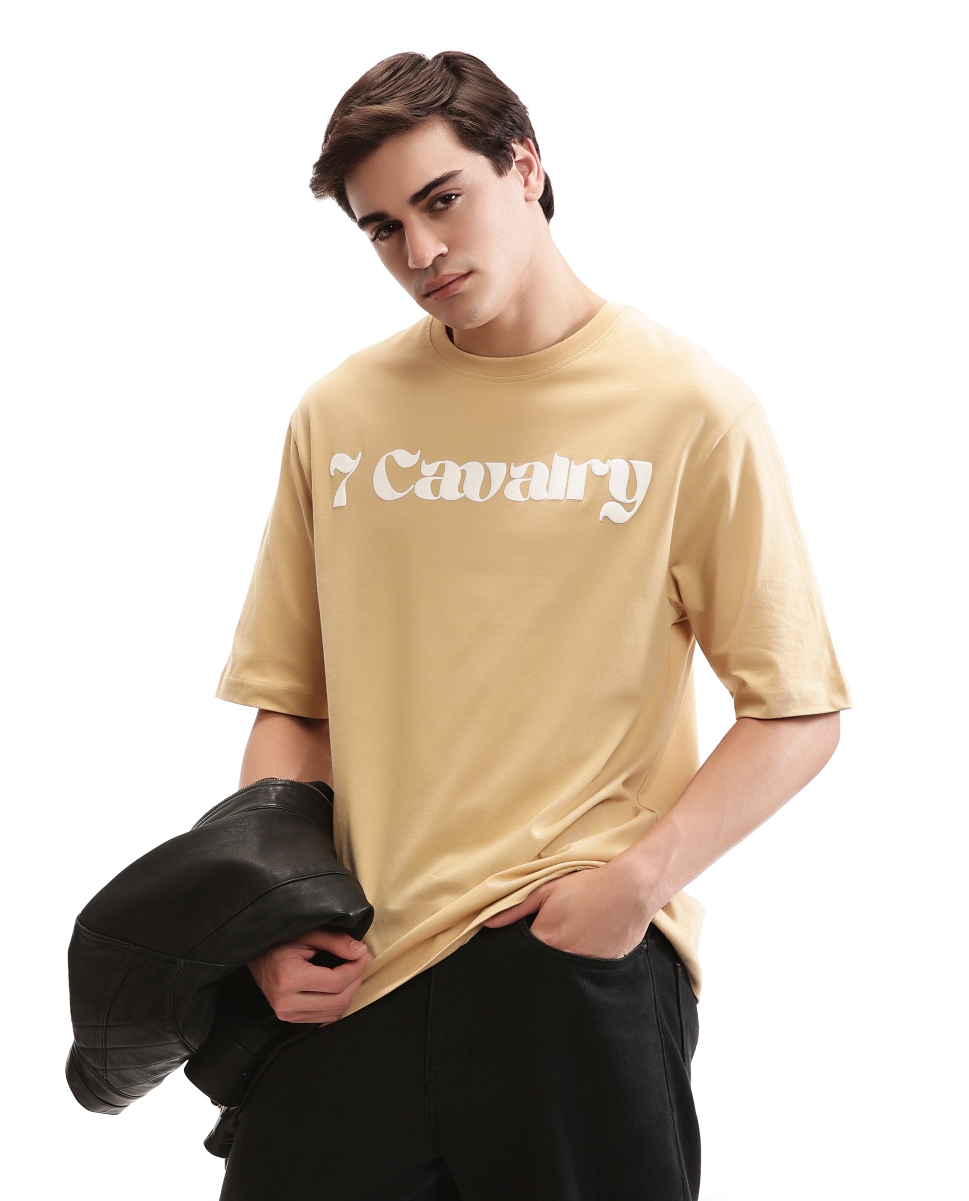Camel Beige Single Jersey Crew Neck Oversized T-Shirt with Pure White Puff Print