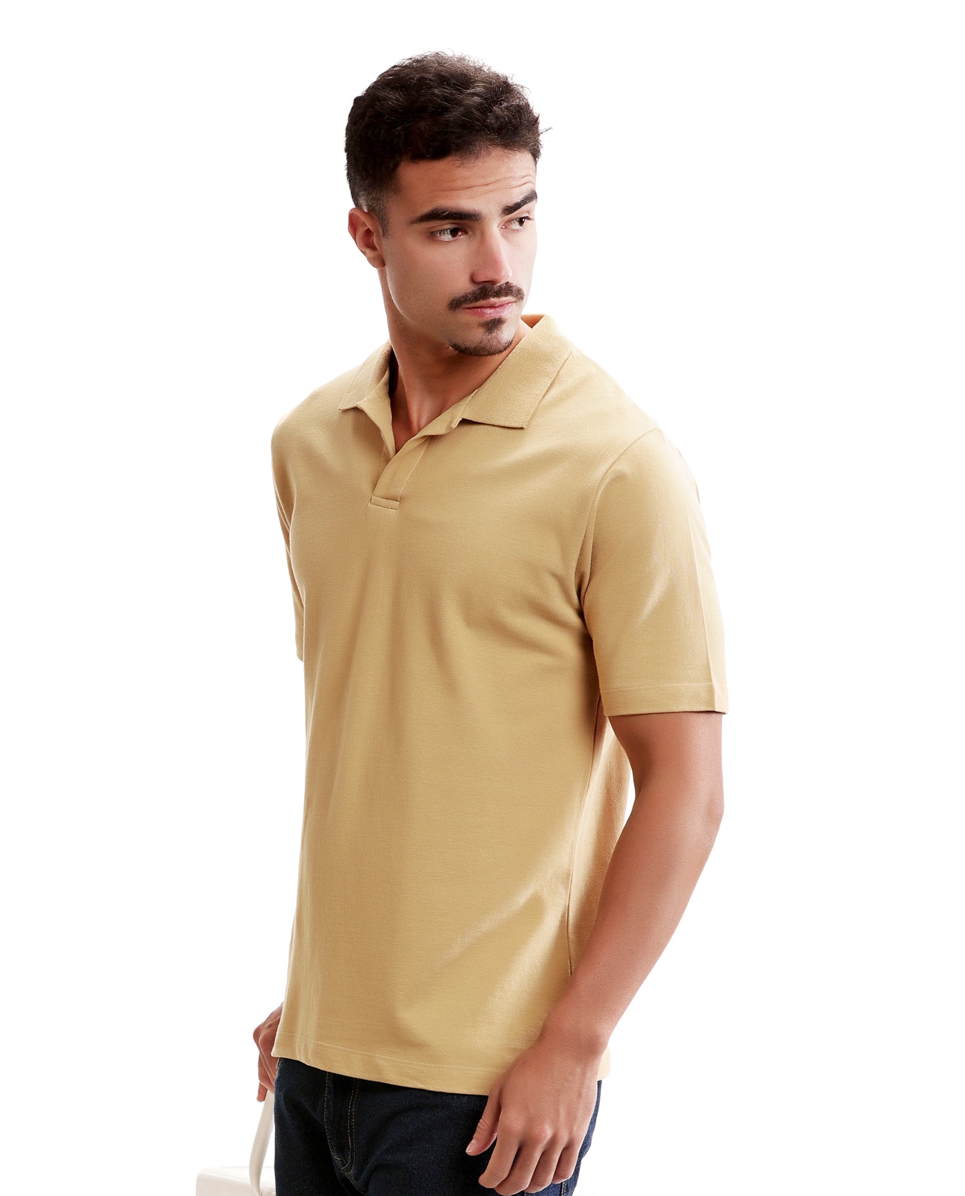 Camel Beige Pique Johnny Collar Polo