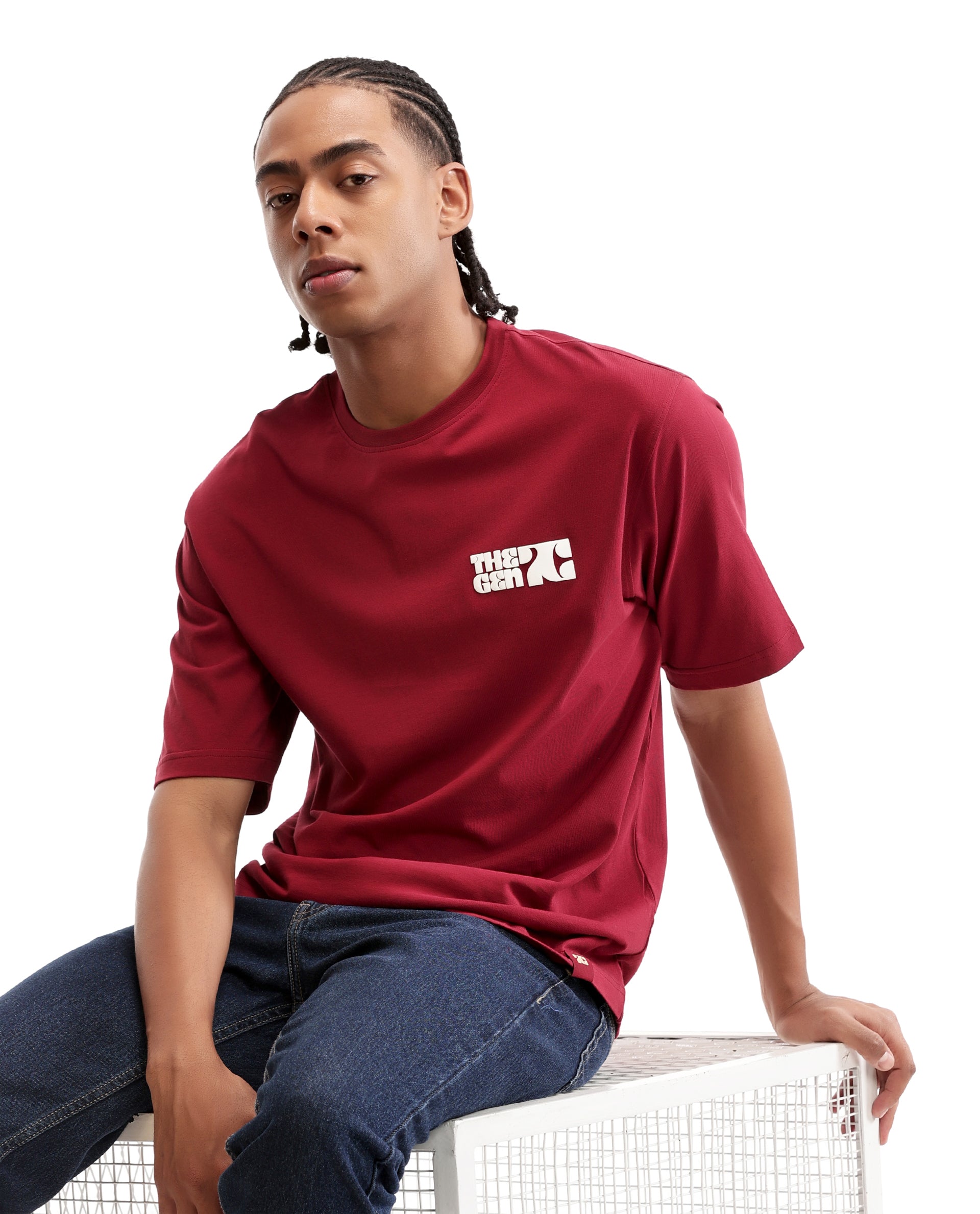 Bordeaux Maroon Single Jersey Crew Neck Oversized T-Shirt with 7C Premium HD Print