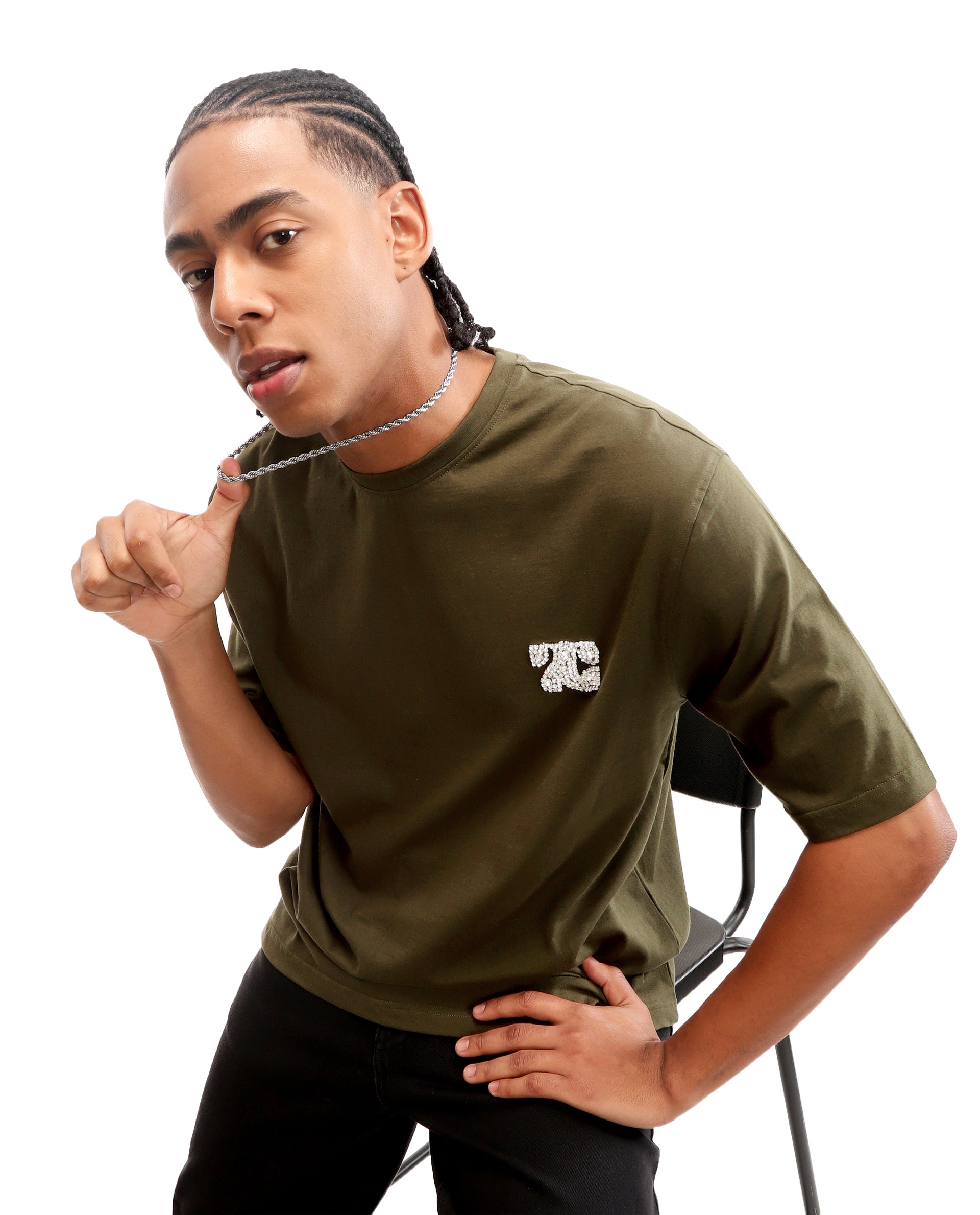 Vintage Olive Single Jersey Crew Neck Oversized T-Shirt with Crystal Finish Rhinestones