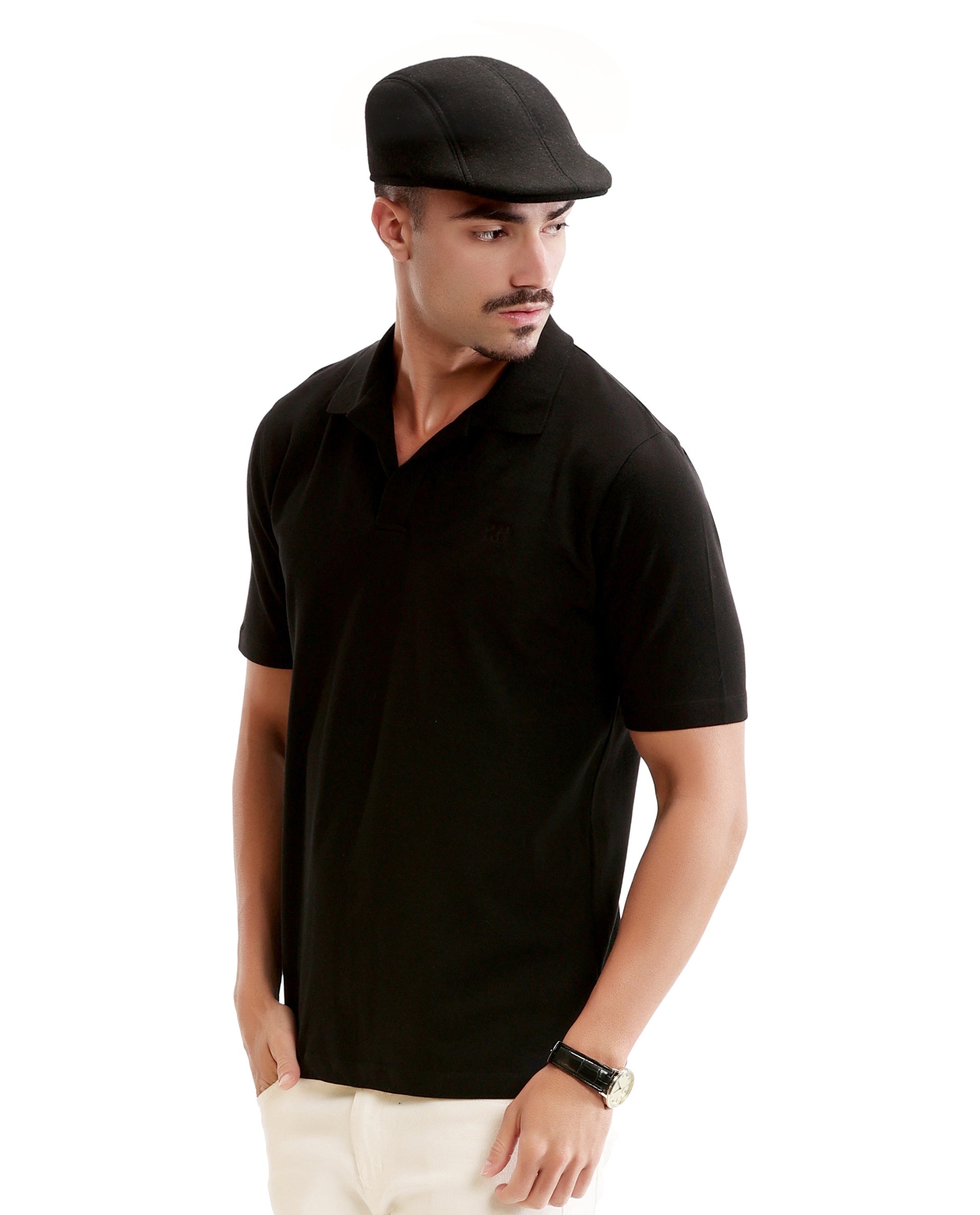 Charcoal Black Johnny Collar Pique Polo with Tone-on-Tone 7C Embroidery