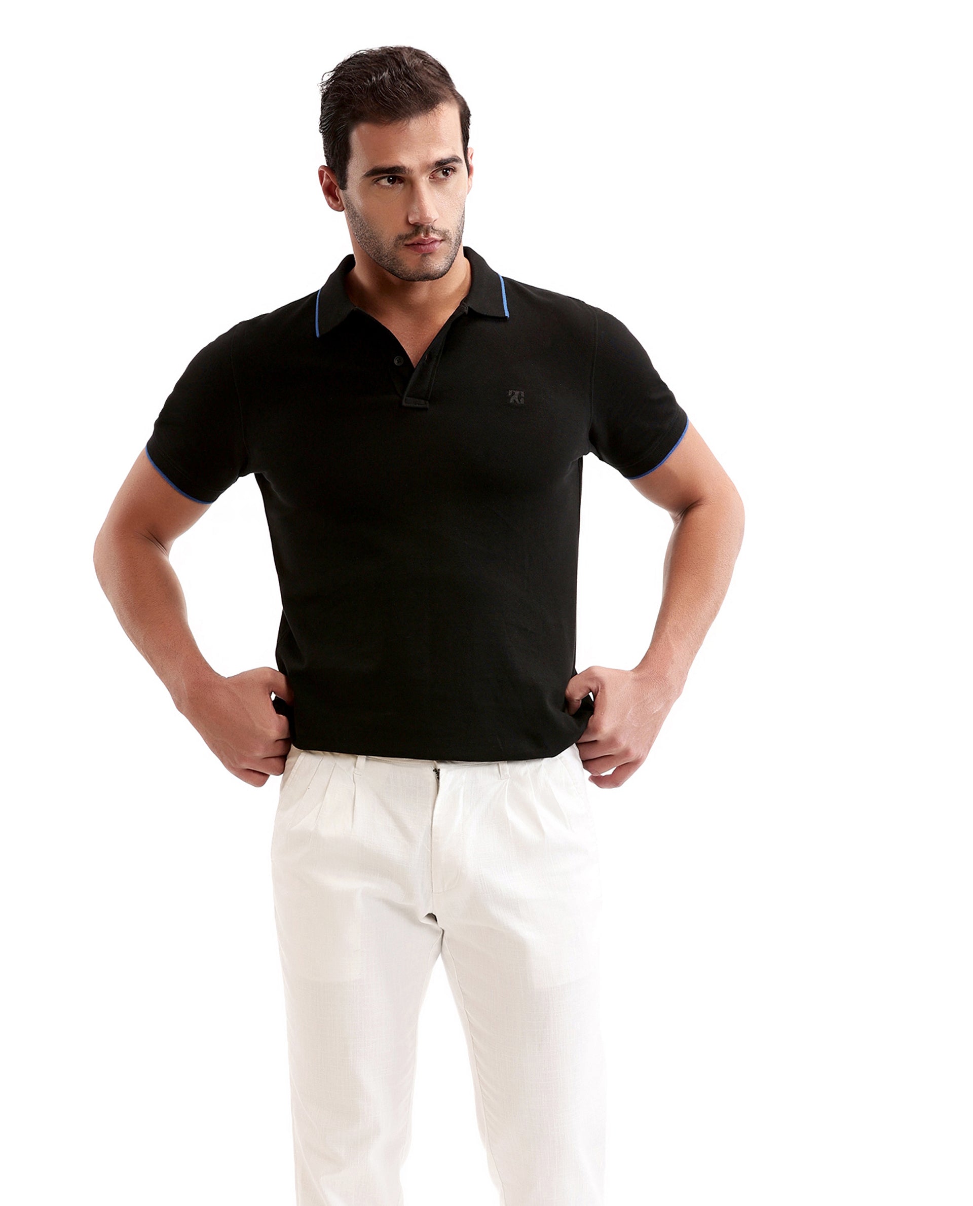 Charcoal Black Pique Polo with Imperial Prussian Blue Collar Piping, Tone-on-Tone 7C Embroidery