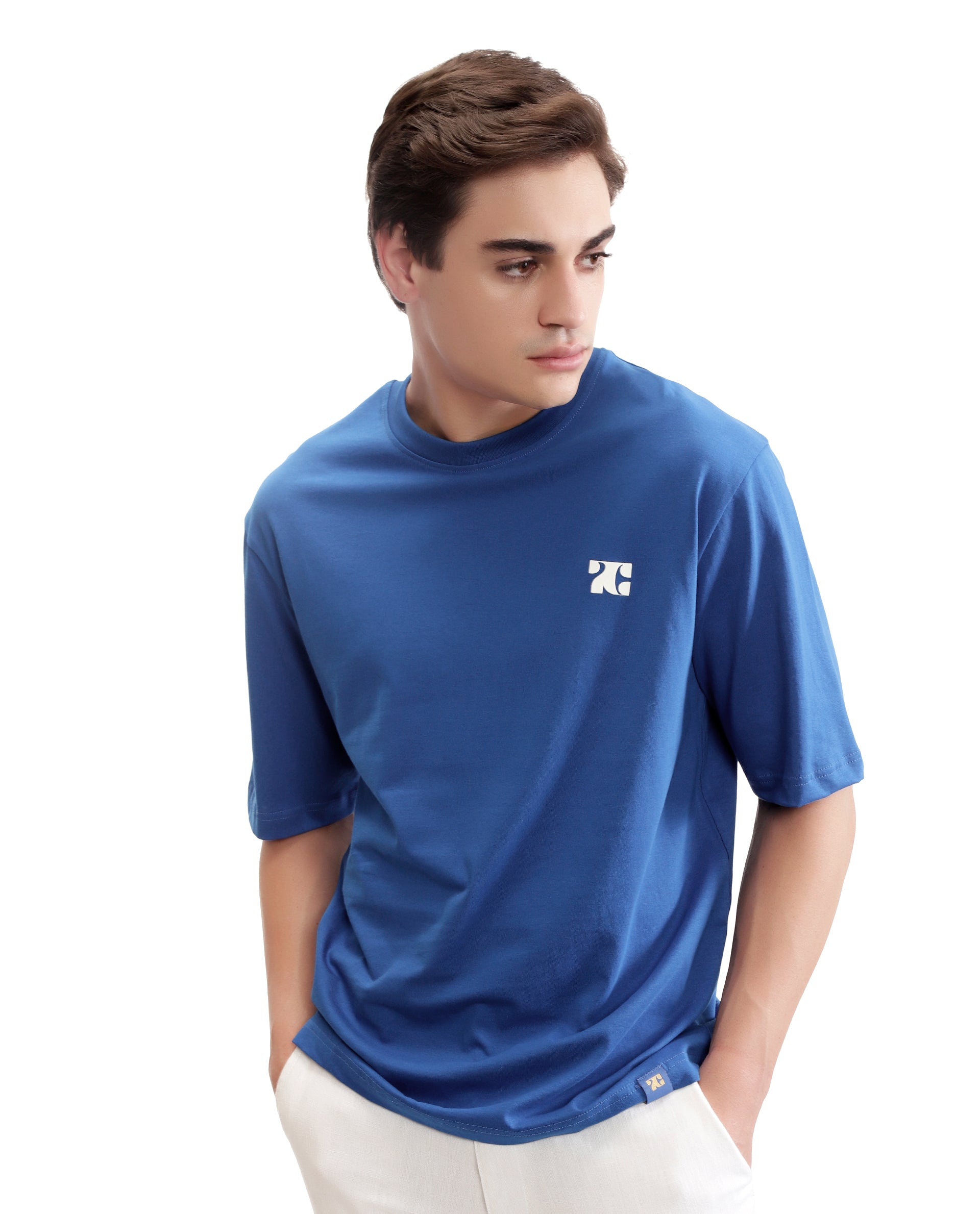 Imperial Prussian Blue Single Jersey Crew Neck Oversized T-Shirt with Pure White HD Print