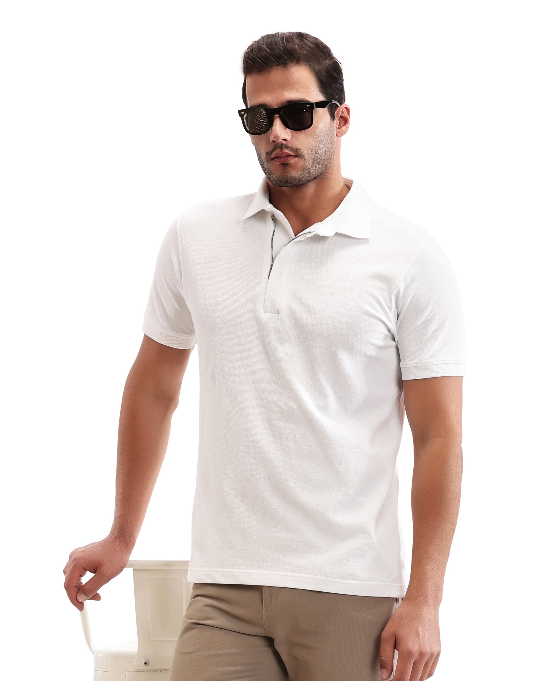 Pure White Pique Polo with Concealed 7C Metal Zip, HD Print