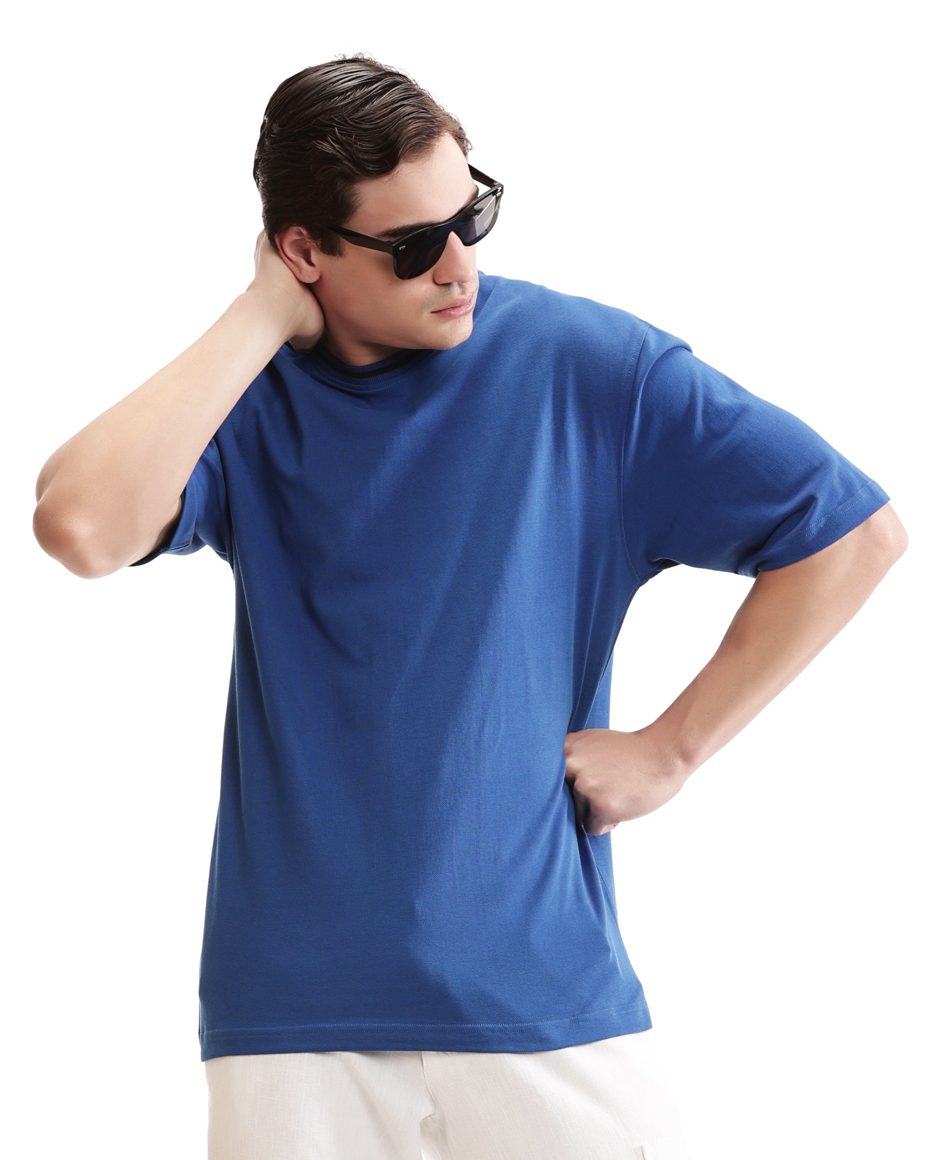 Imperial Prussian Blue Pique Crew Neck Oversized T-Shirt with Midnight Navy Blue Piping