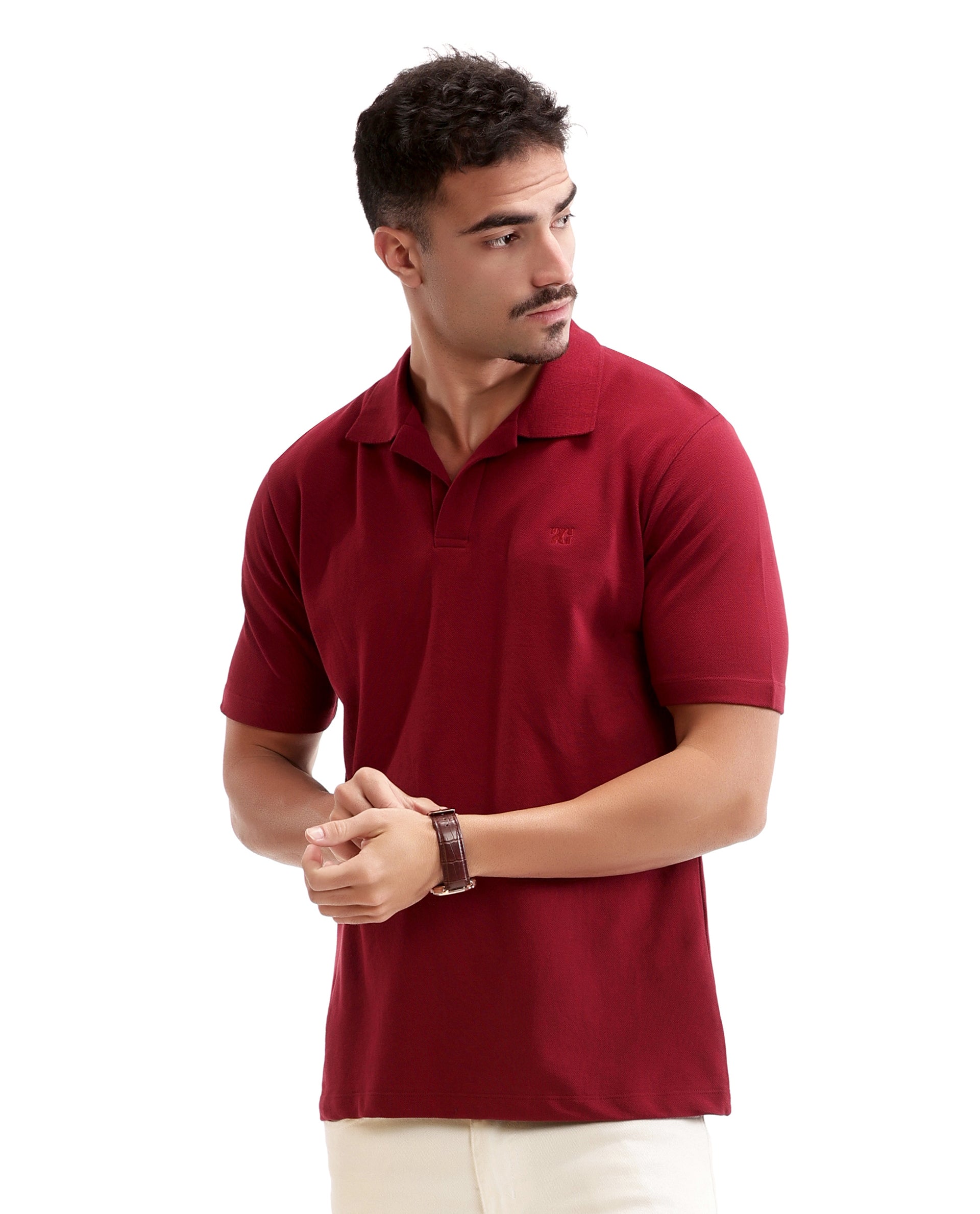 Bordeaux Maroon Johnny Collar Pique Polo with Tone-on-Tone 7C Embroidery