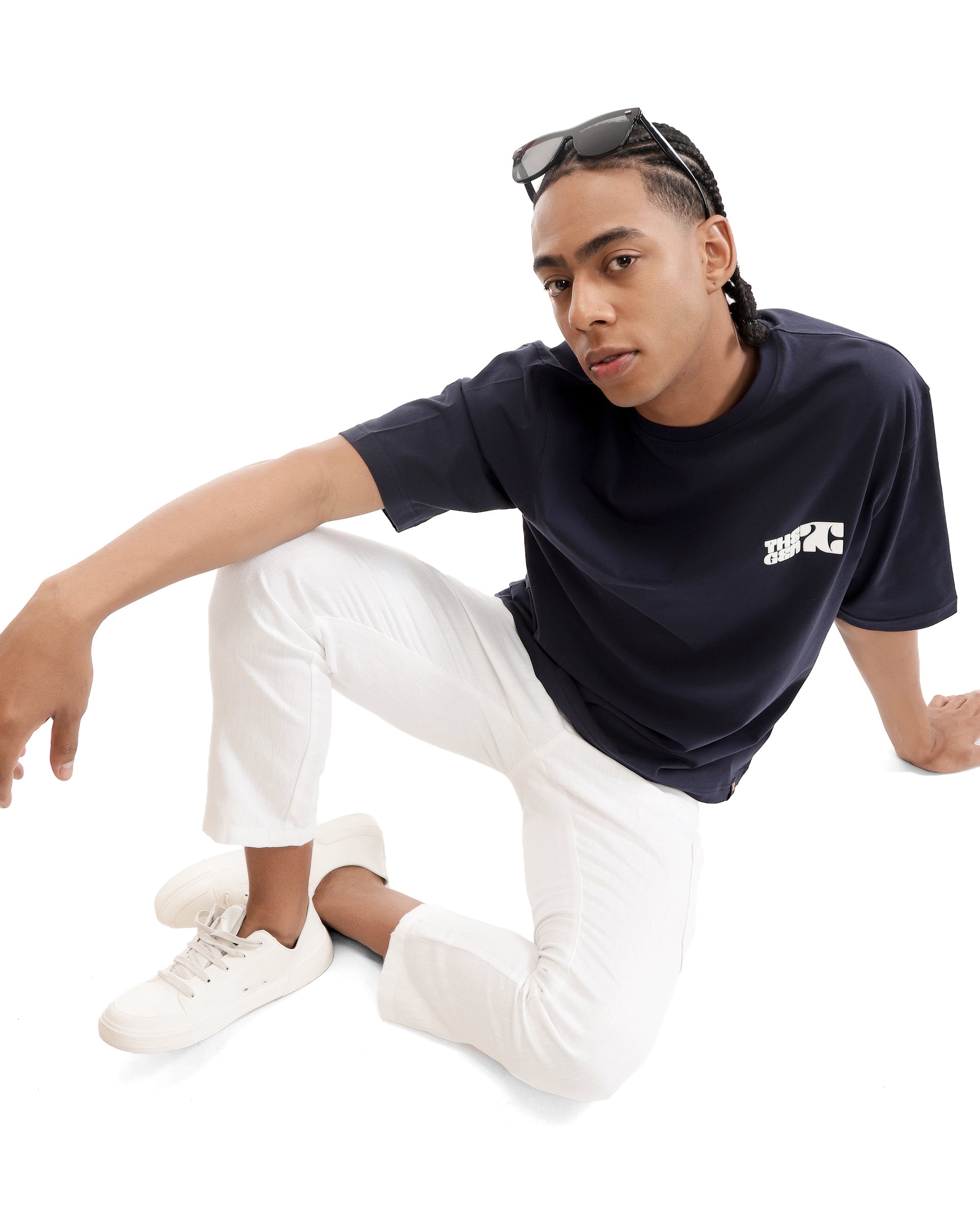 Midnight Navy Blue Single Jersey Crew Neck Oversized T-Shirt with 7C Premium HD Print