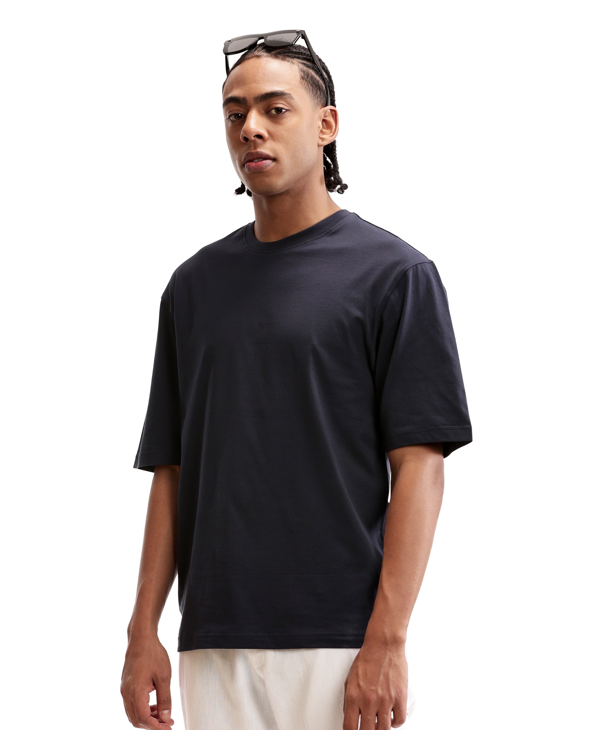 Midnight Navy Blue Single Jersey Crew Neck Oversized T-Shirt