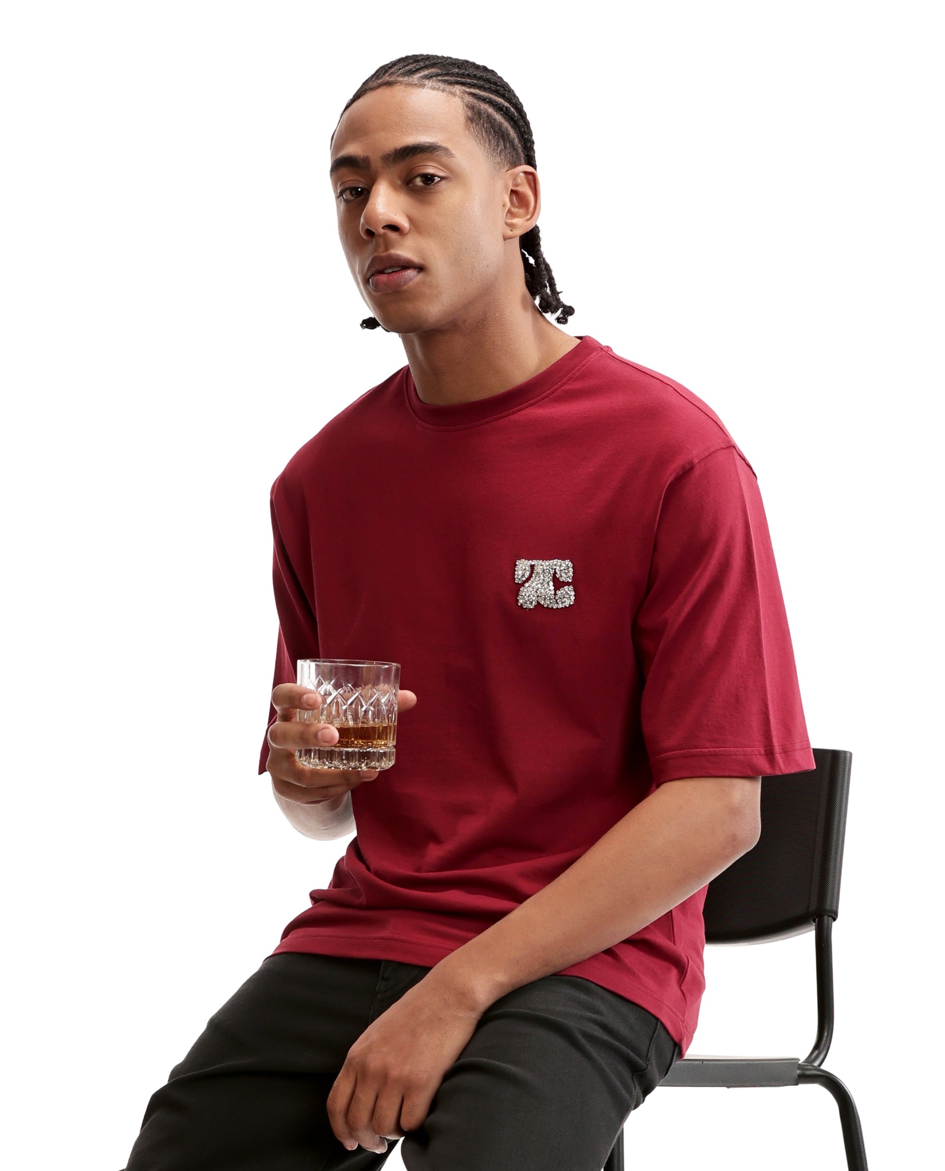 Bordeaux Maroon Single Jersey Crew Neck Oversized T-Shirt with Crystal Finish Rhinestones