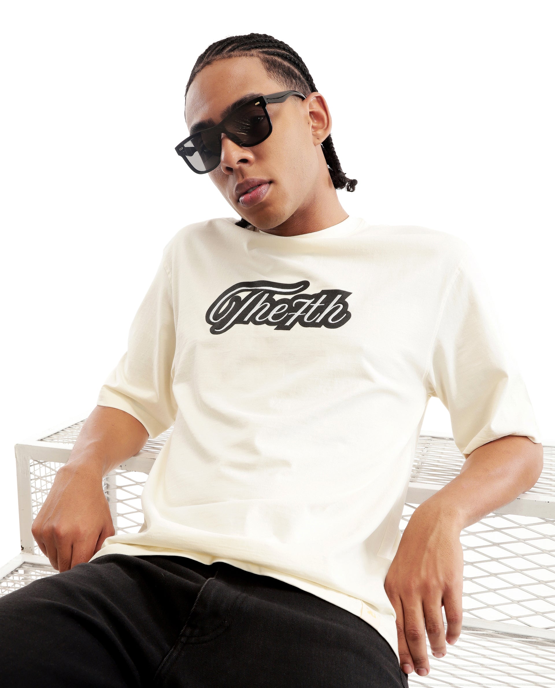 Ivory White Single Jersey Crew Neck Oversized T-Shirt with Black Print & Pure White 7C Embroidery