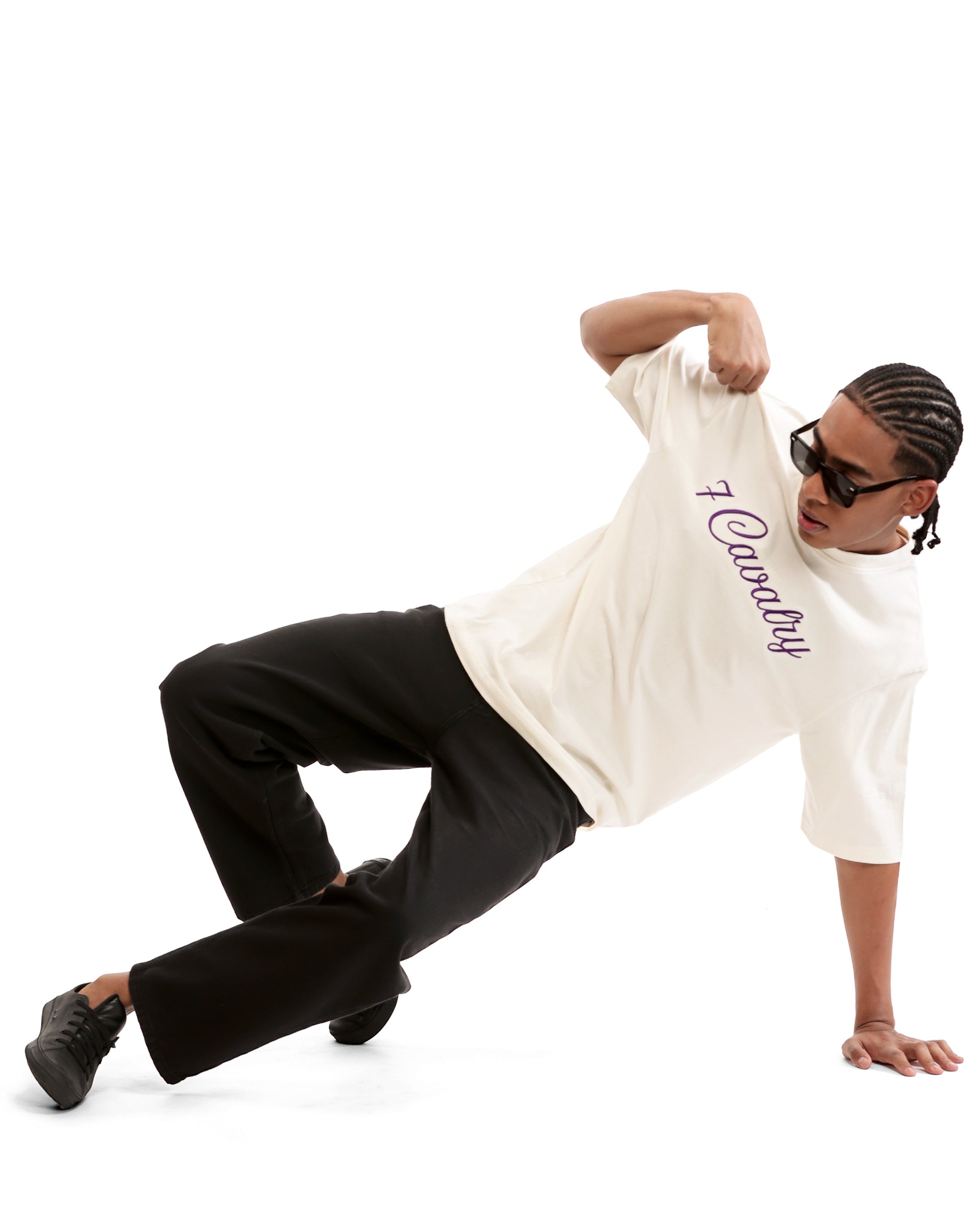 Ivory White Single Jersey Crew Neck Oversized T-Shirt with Deep Purple Embroidery