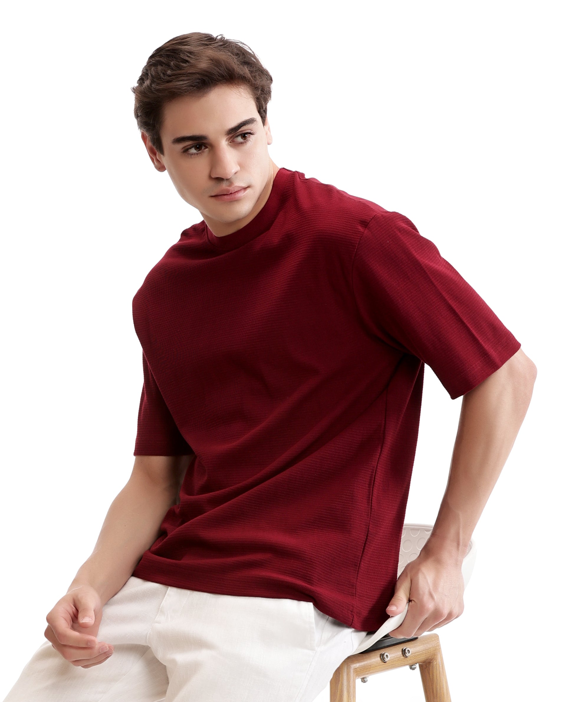 Bordeaux Maroon Knitted Waffle Crew Neck Oversized T-Shirt