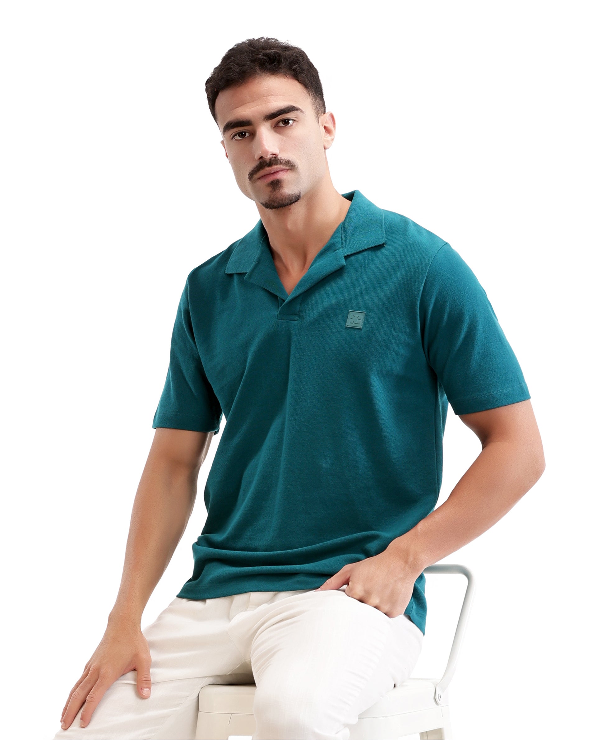Ocean Teal Pique Johnny Collar Polo with 7C Rubber Badge