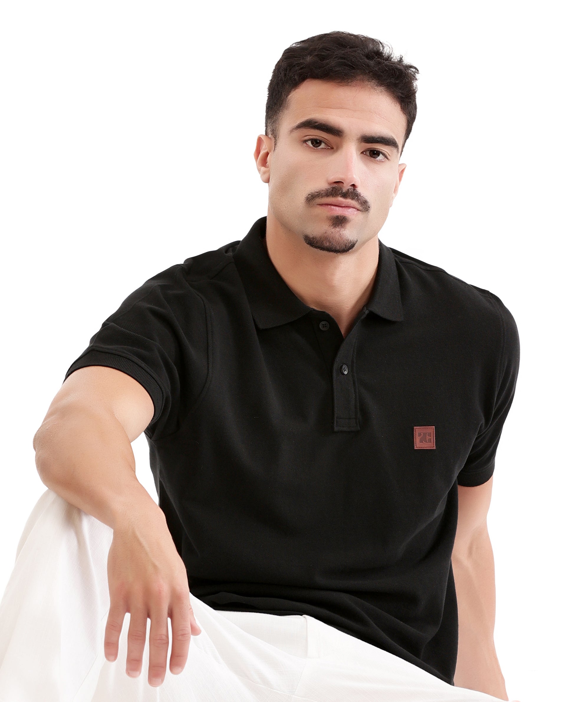 Charcoal Black Pique Polo with 7C Faux Leather Badge