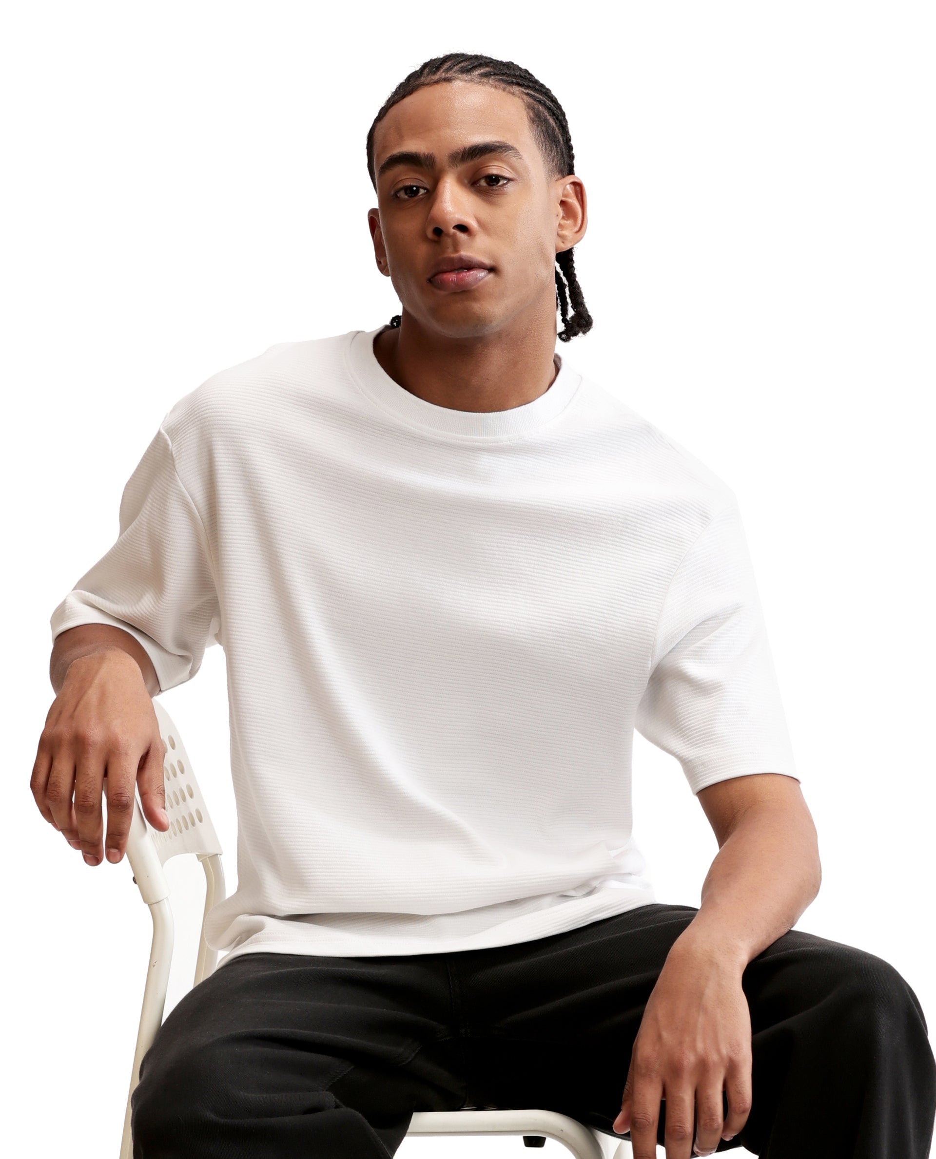 Pure White Knitted Ottoman Crew Neck Oversized T-Shirt