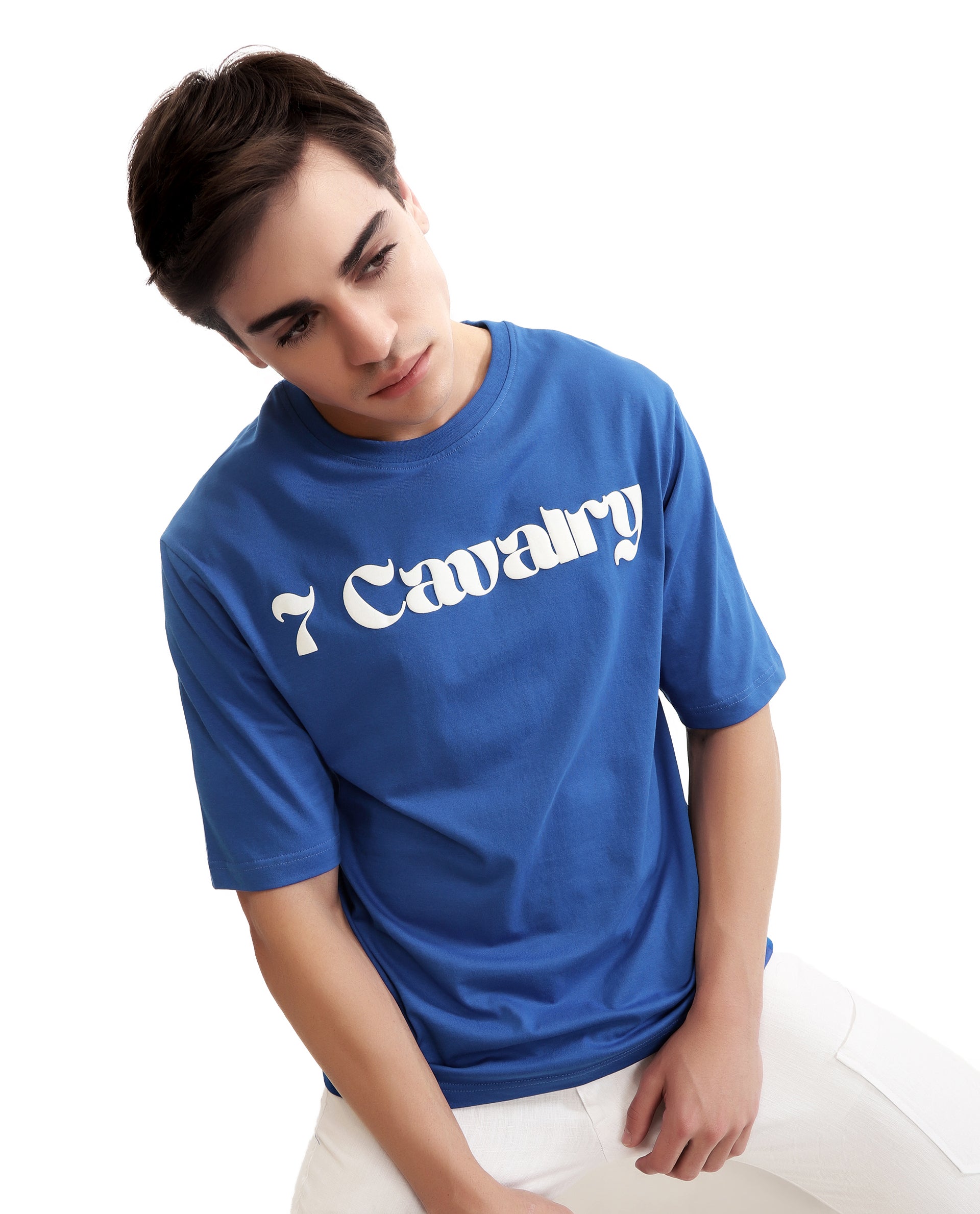 Imperial Prussian Blue Single Jersey Crew Neck Oversized T-Shirt with Pure White Puff Print