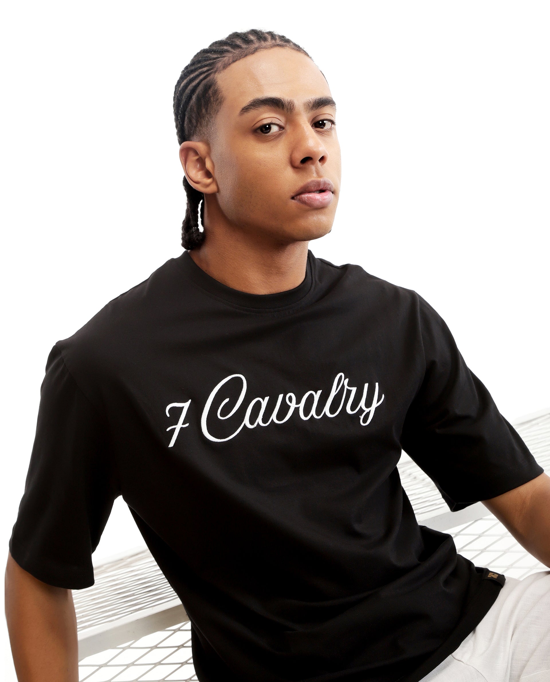 Charcoal Black Single Jersey Crew Neck Oversized T-Shirt with Pure White Embroidery