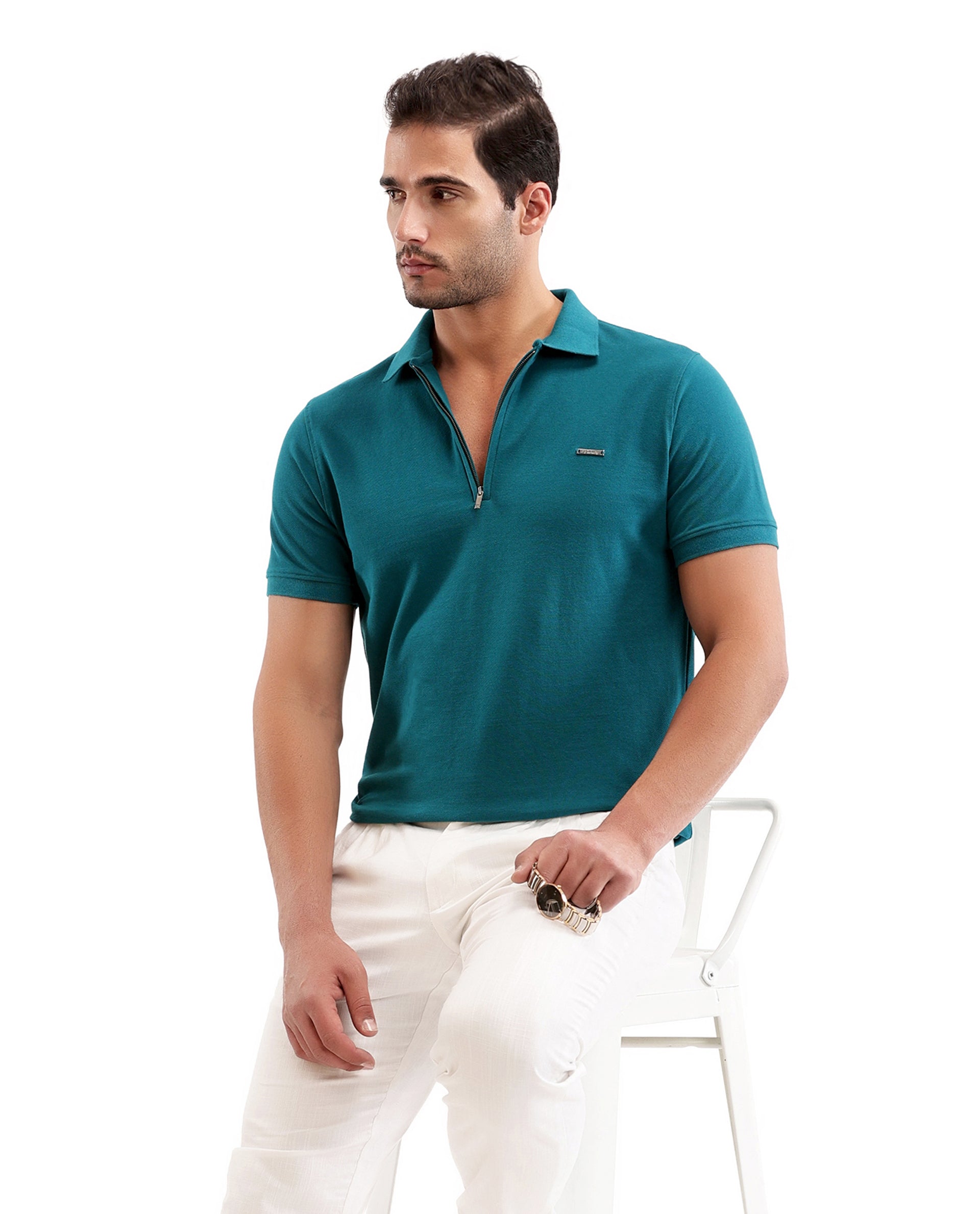 Ocean Teal Pique Polo with 7C Metal Zip, Metal Badge