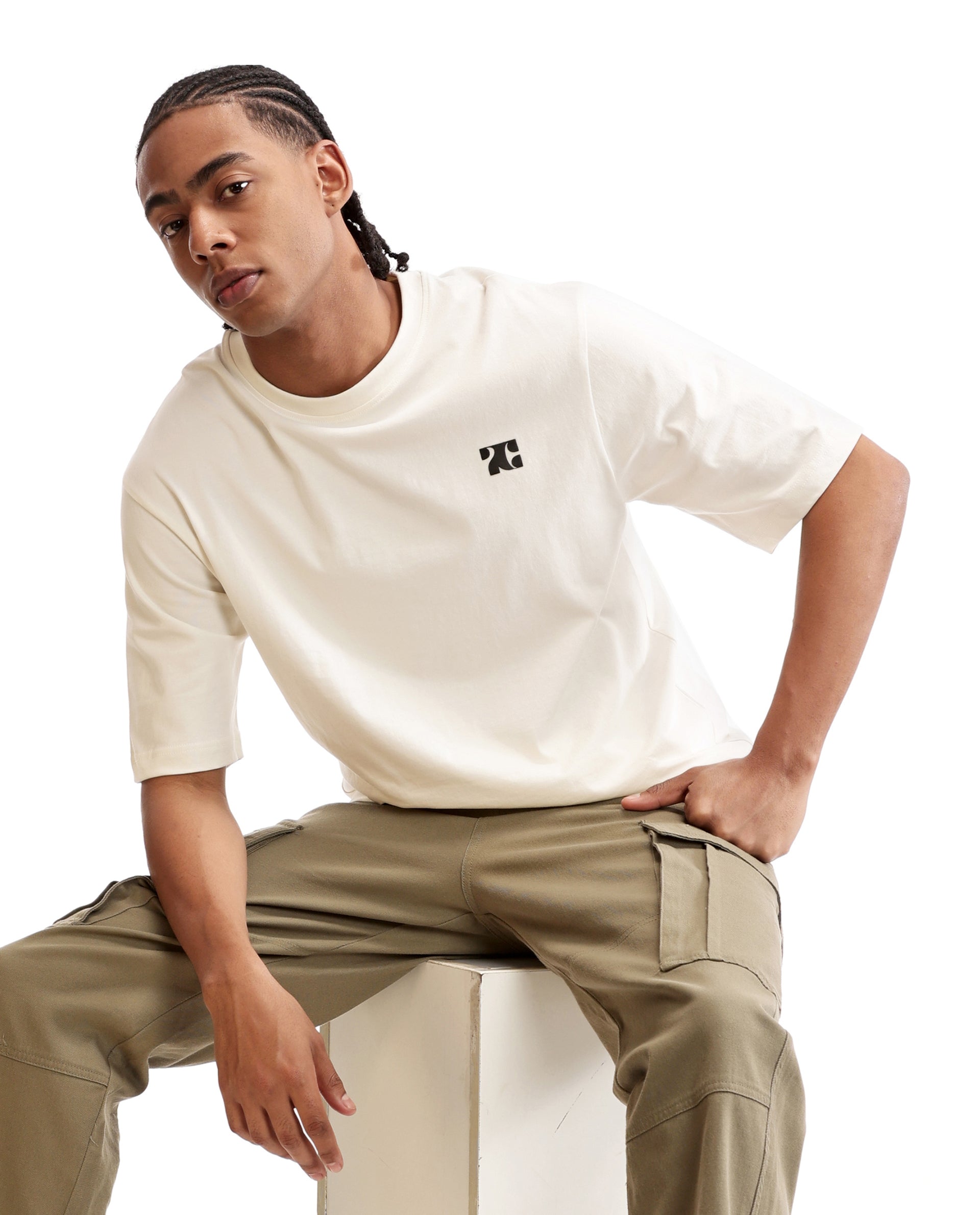 Ivory White Single Jersey Crew Neck Oversized T-Shirt with Charcoal Black HD Print