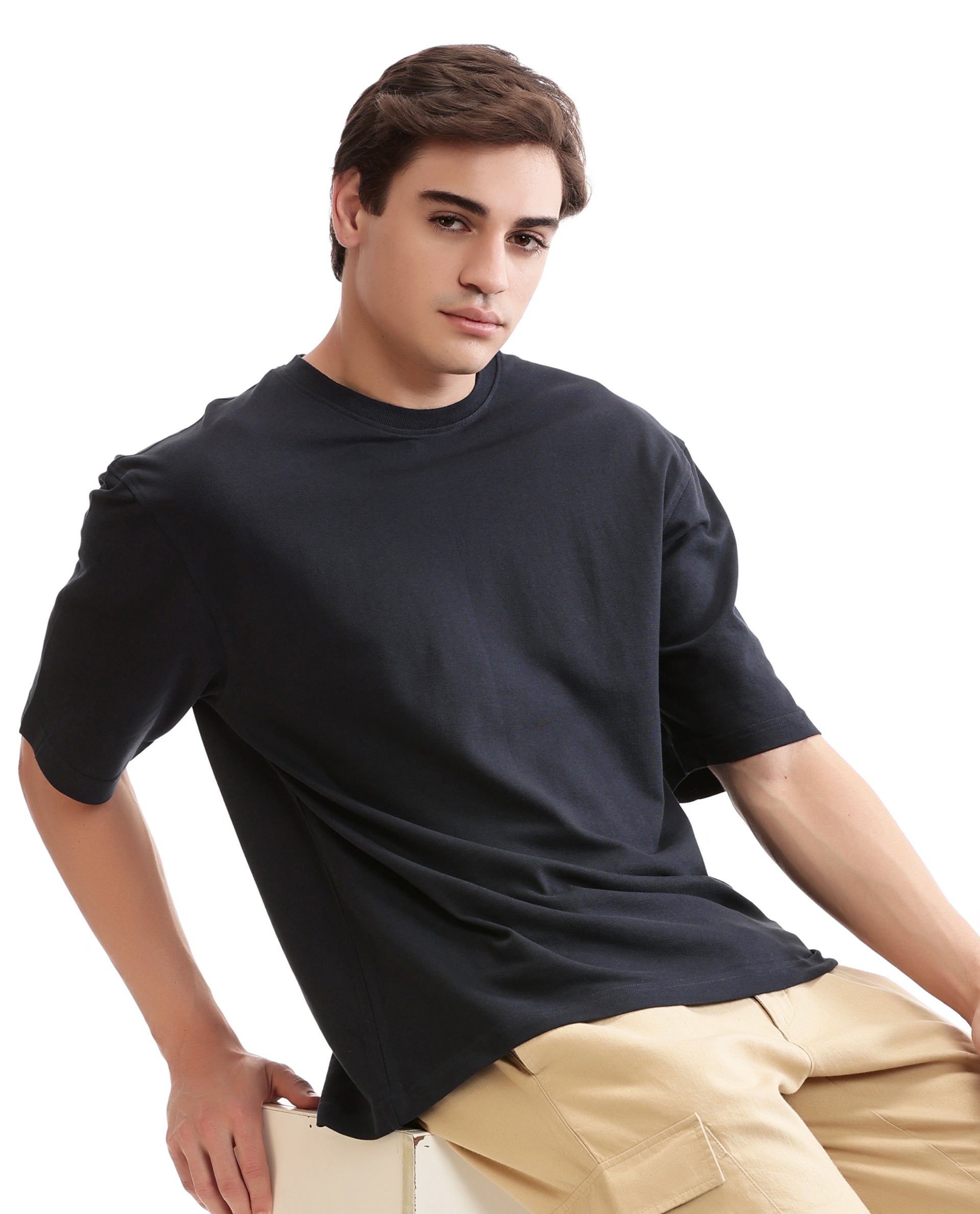 Midnight Navy Blue Pique Crew Neck Oversized T-Shirt