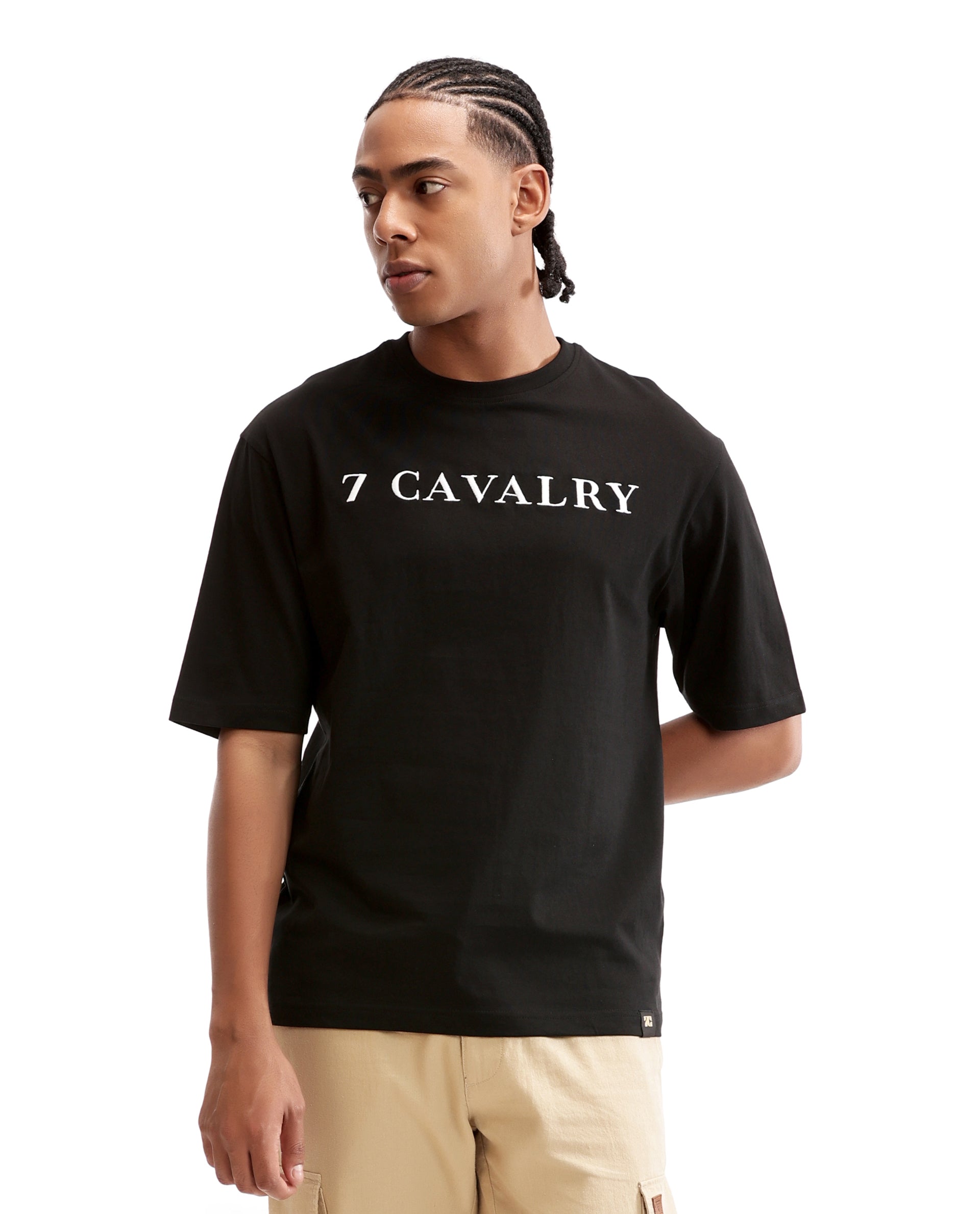 Charcoal Black Single Jersey Crew Neck Oversized T-Shirt with Pure White Embroidery