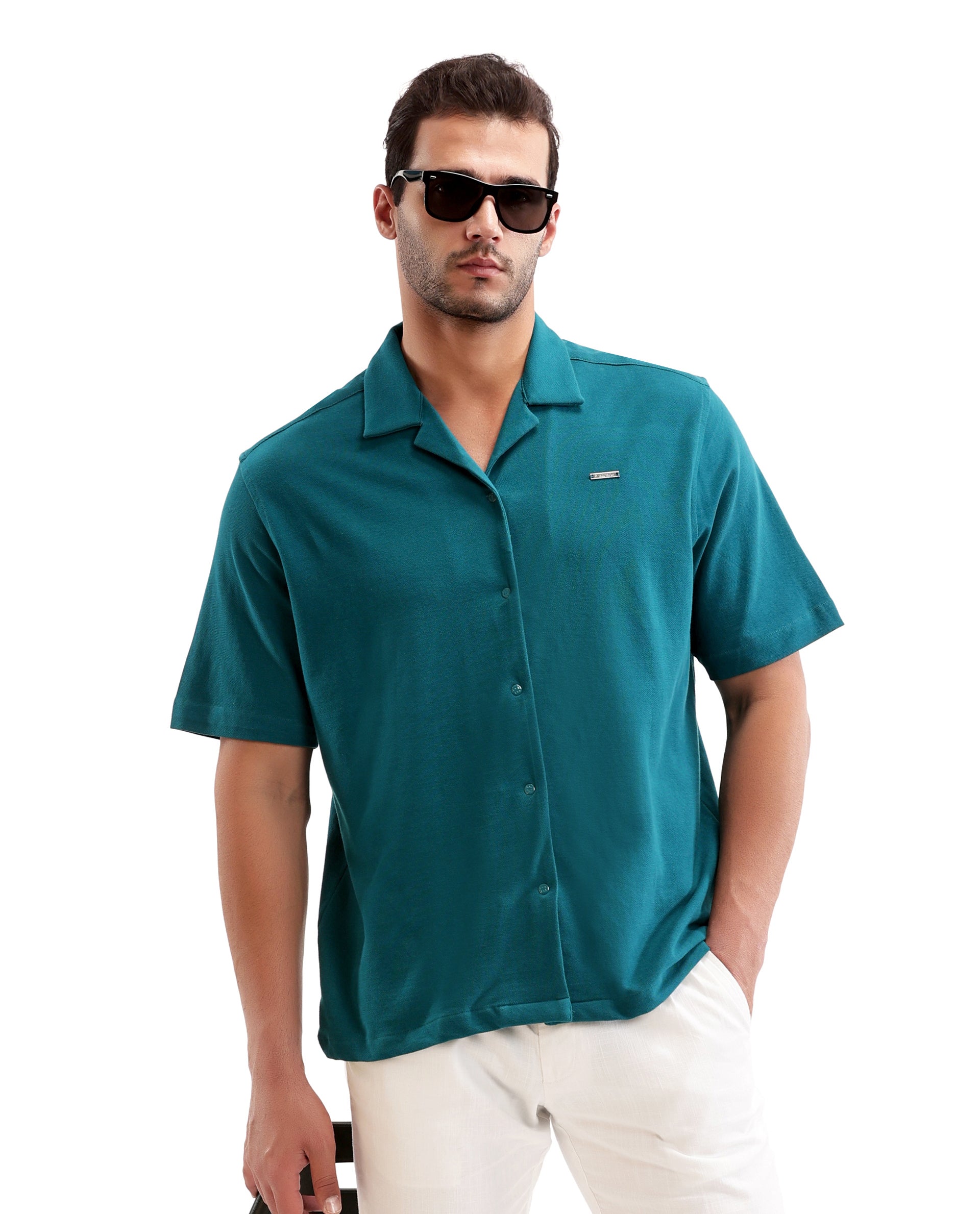 Ocean Teal Pique Knit Shirt with 7C Engraved Snap Buttons, Gun Metal Badge