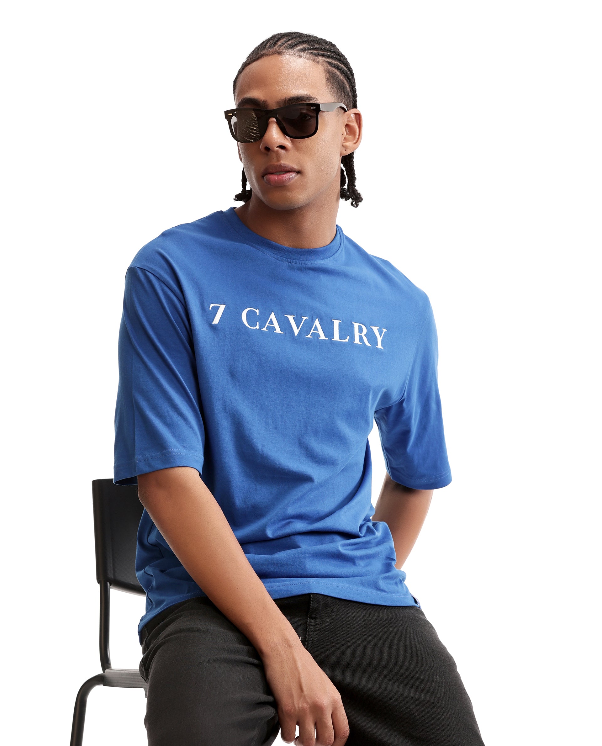 Imperial Prussian Blue Single Jersey Crew Neck Oversized T-Shirt with Pure White Embroidery