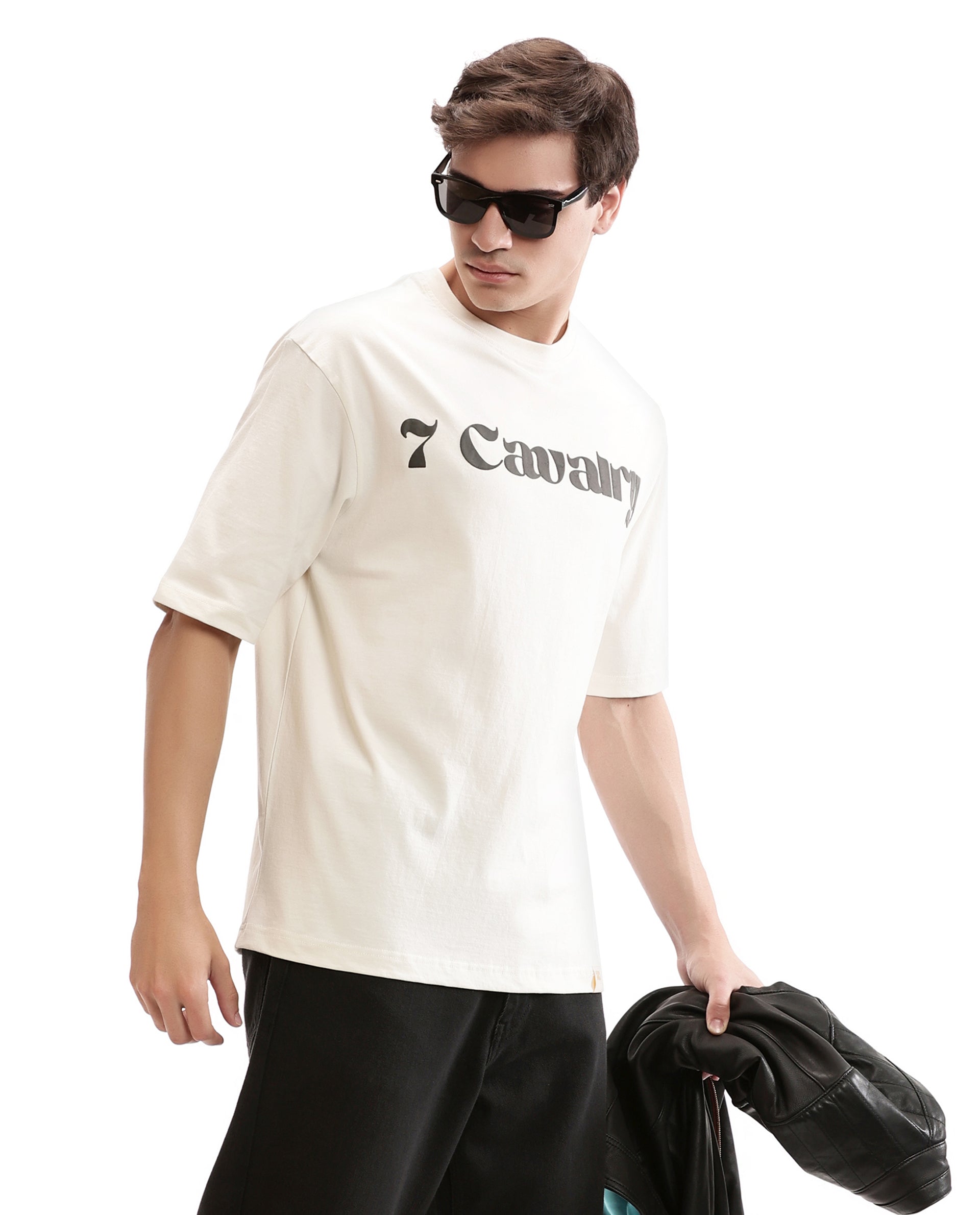 Ivory White Single Jersey Crew Neck Oversized T-Shirt with Charcoal Black Puff Print