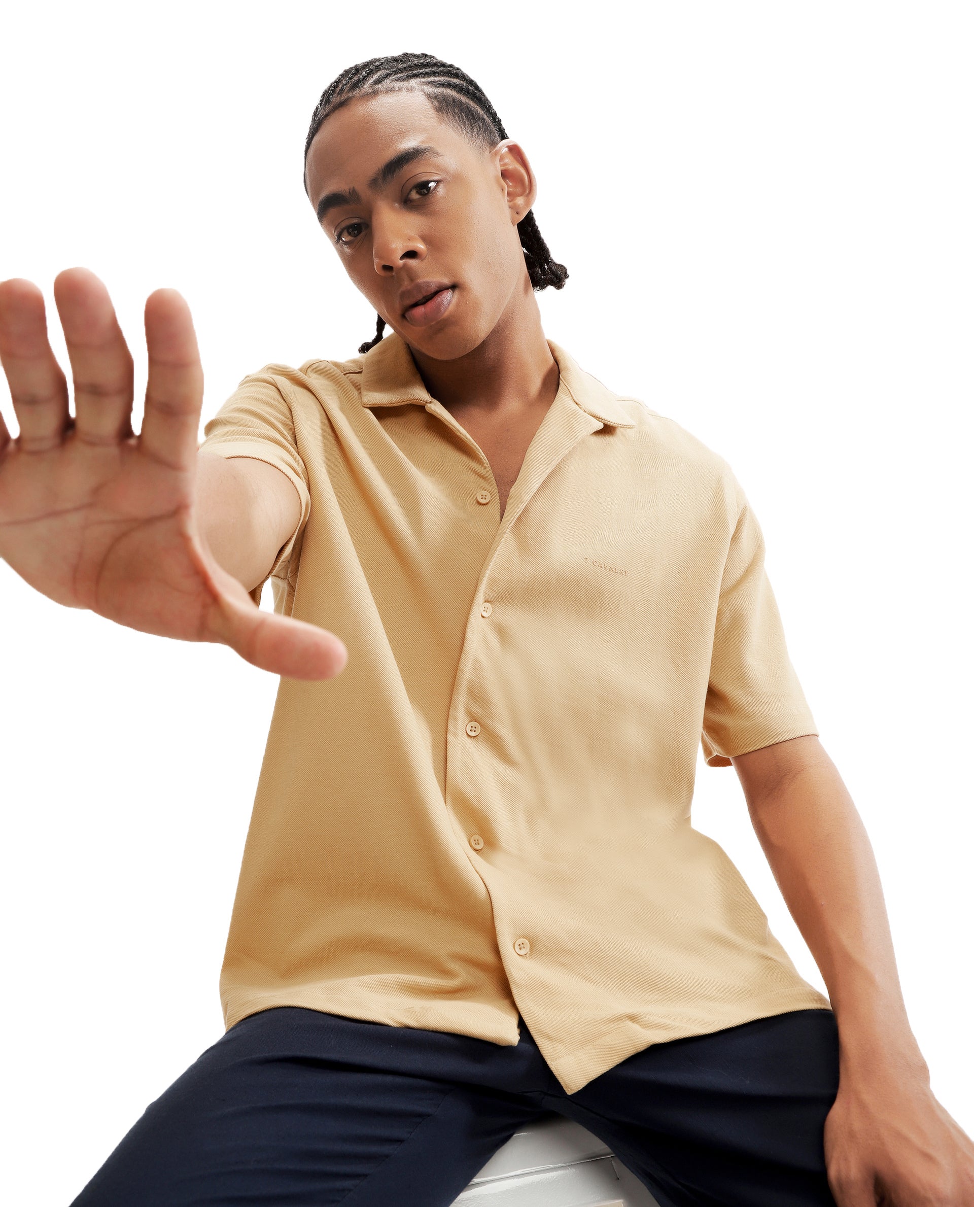 Camel Beige Pique Knit Shirt with HD Print