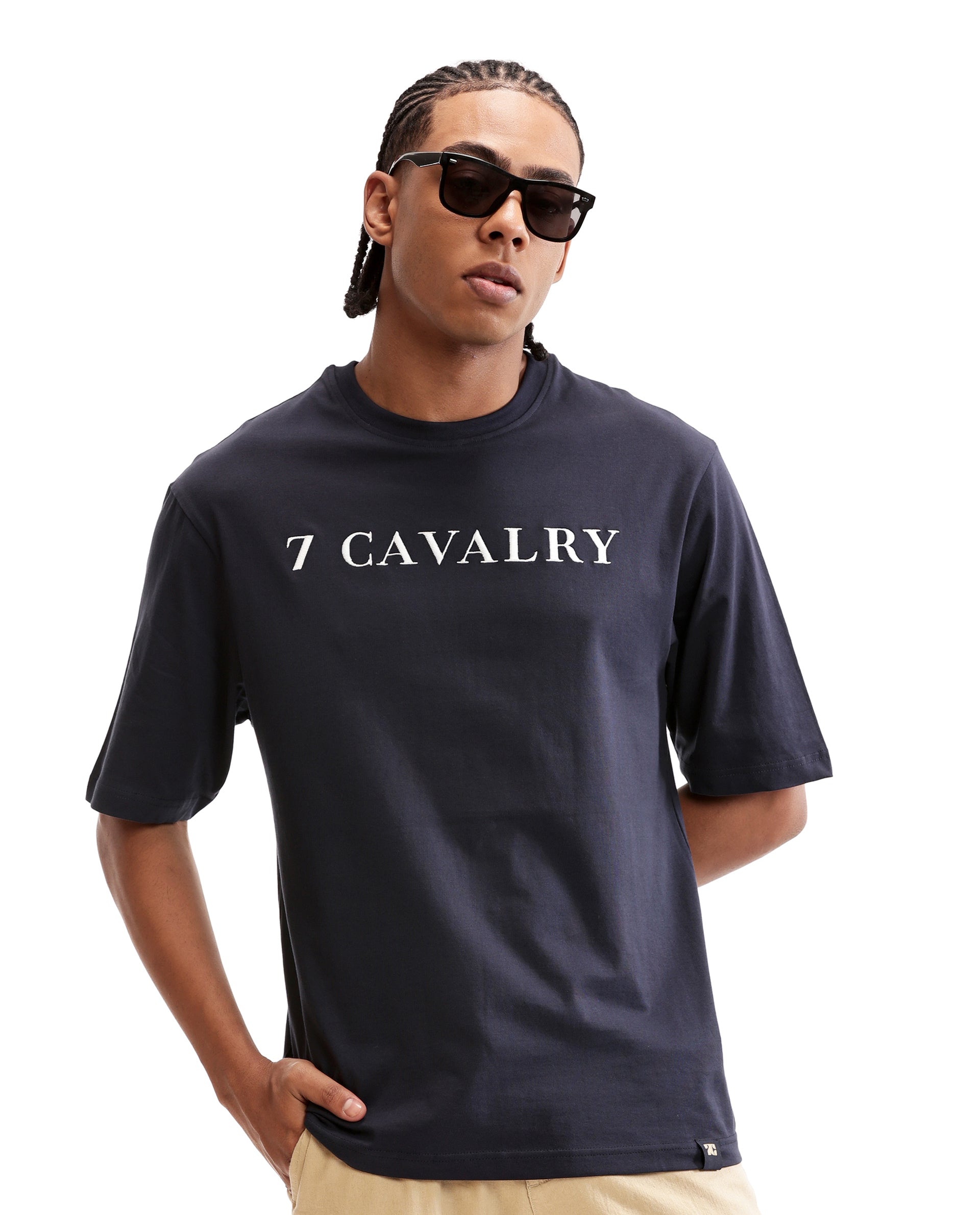 Midnight Navy Blue Single Jersey Crew Neck Oversized T-Shirt with Pure White Embroidery