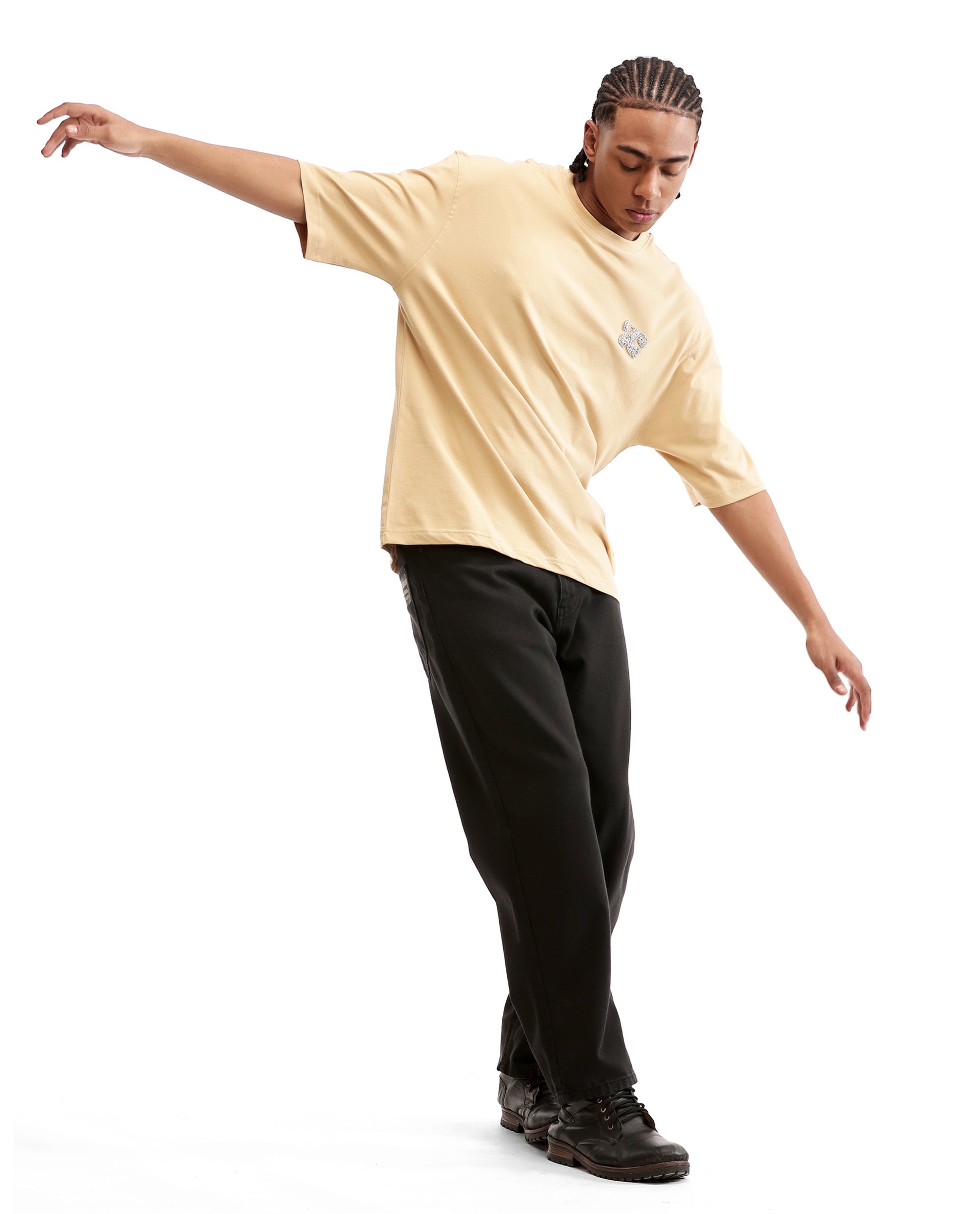 Camel Beige Single Jersey Crew Neck Oversized T-Shirt with Crystal Finish Rhinestones