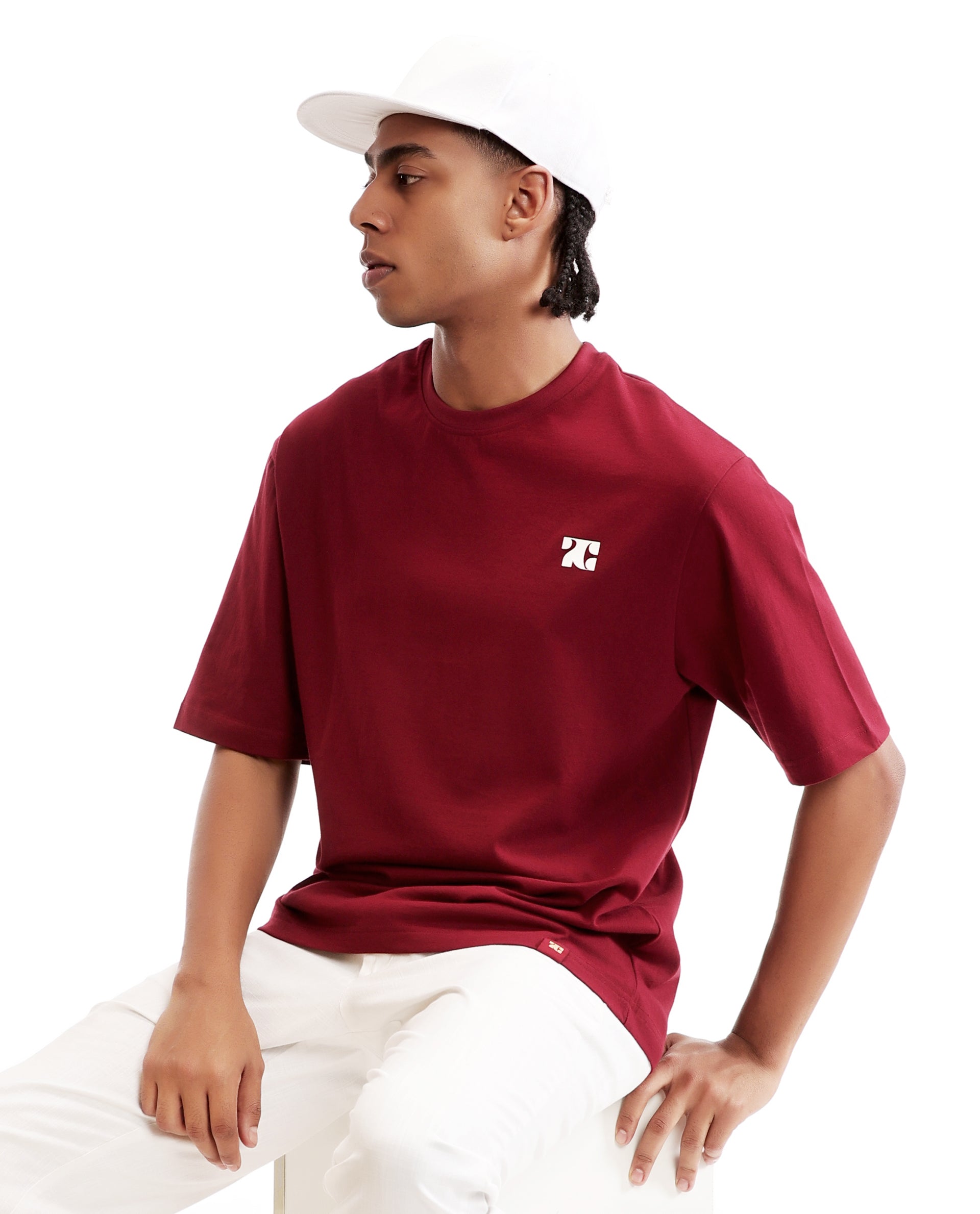 Bordeaux Maroon Single Jersey Crew Neck Oversized T-Shirt with Pure White HD Print