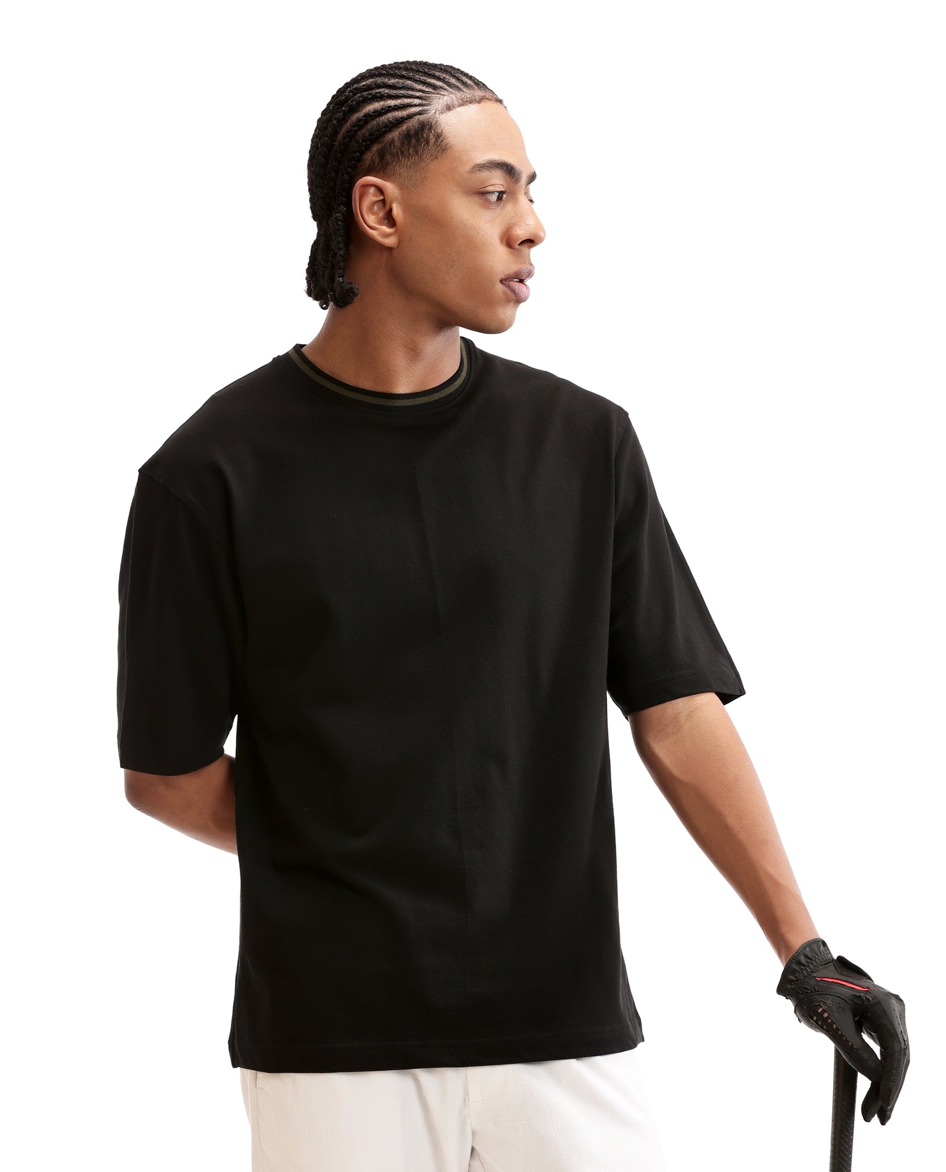 Charcoal Black Pique Crew Neck Oversized T-Shirt with Vintage Olive Piping