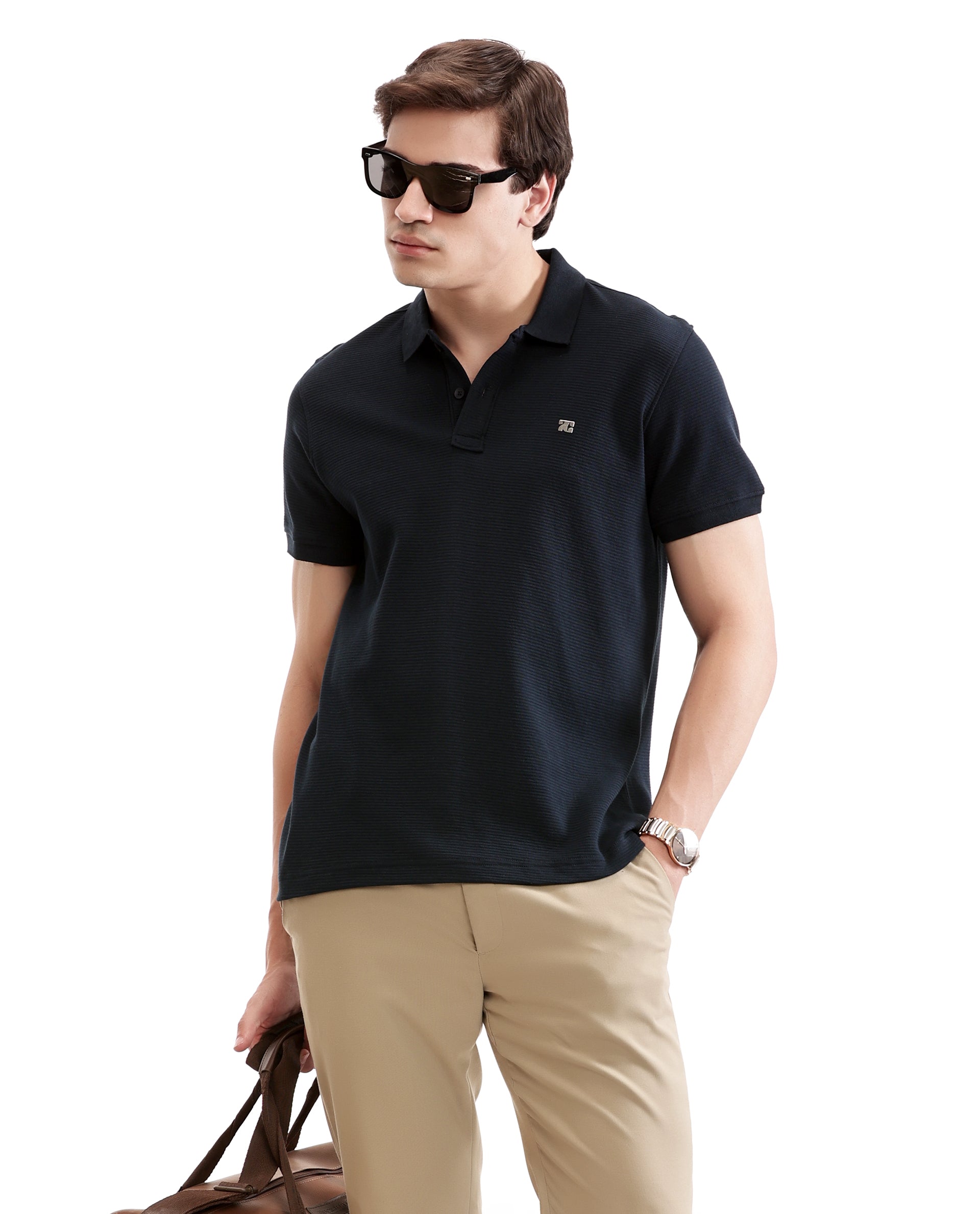 Midnight Navy Blue Knitted Ottoman Polo with 7C Metal Insignia