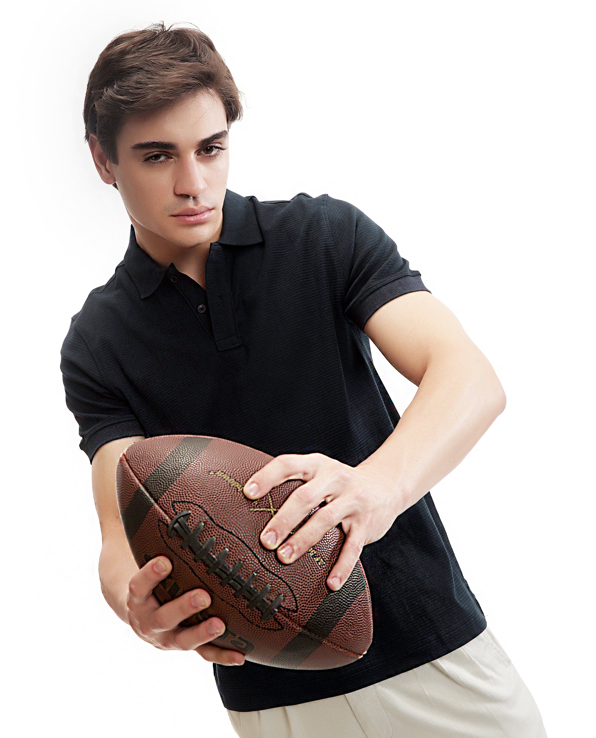 Midnight Navy Blue Knitted Waffle Polo with Ribbed Collar