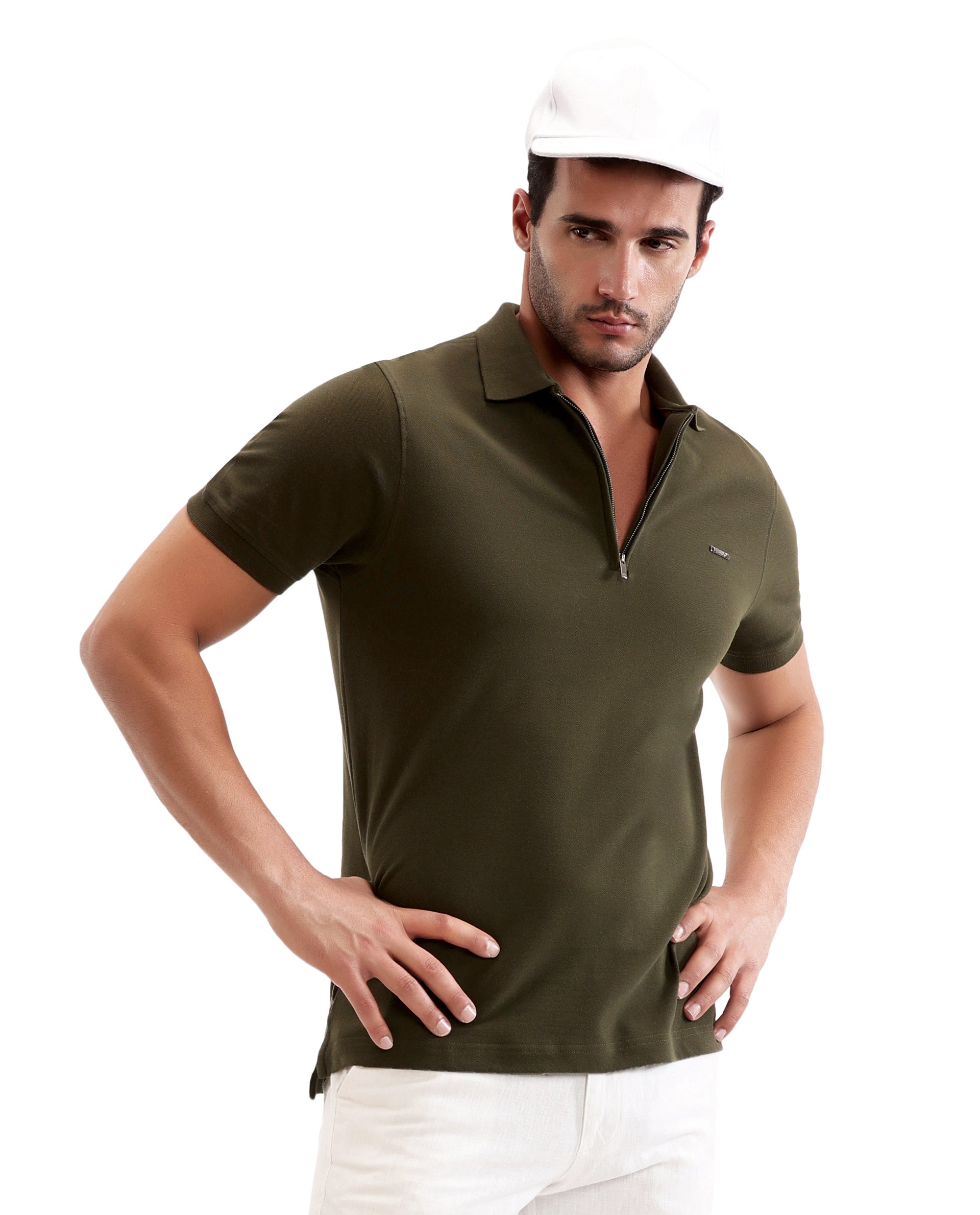 Vintage Olive Pique Polo with 7C Metal Zip, Metal Badge