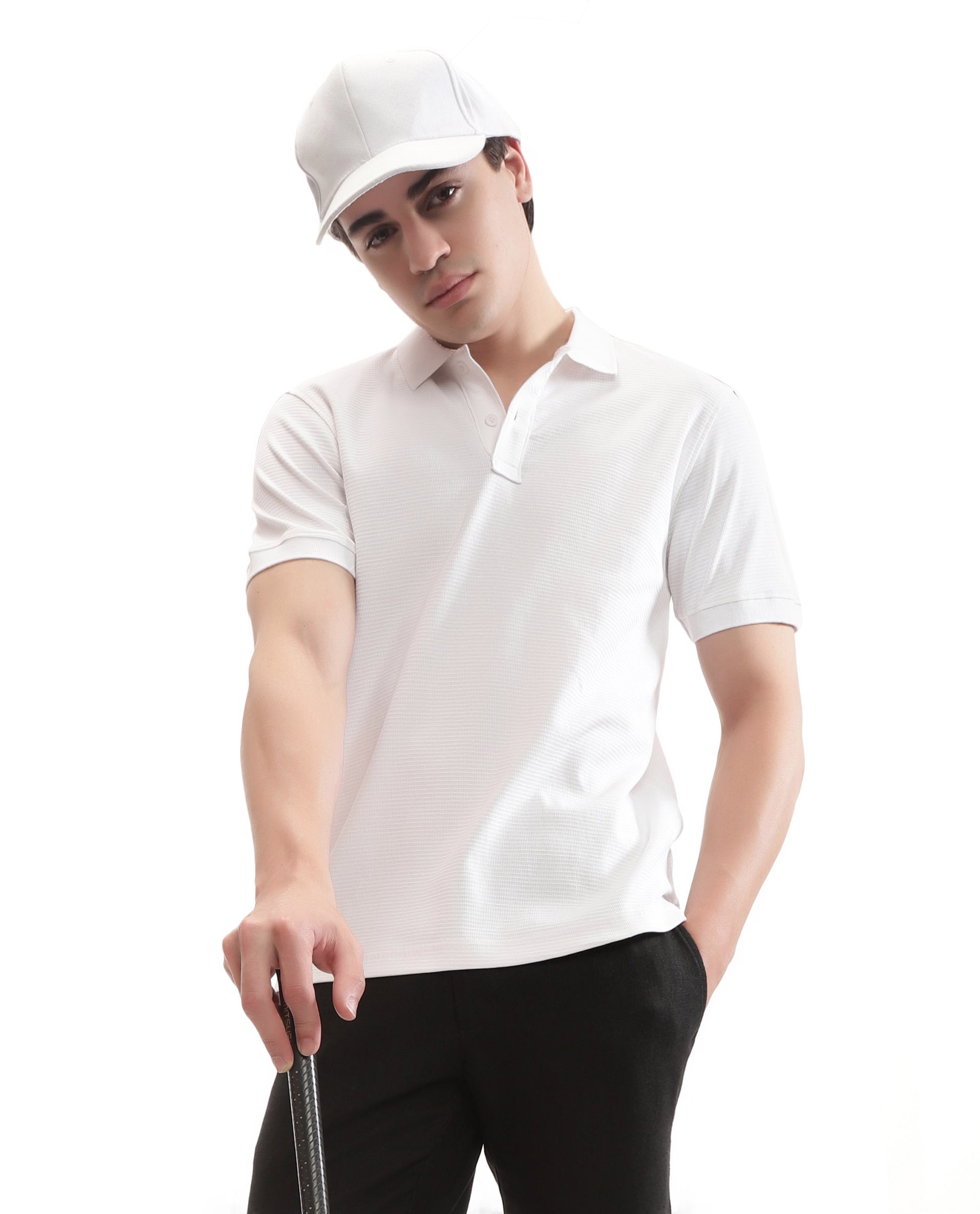 Pure White Knitted Waffle Polo with Ribbed Collar