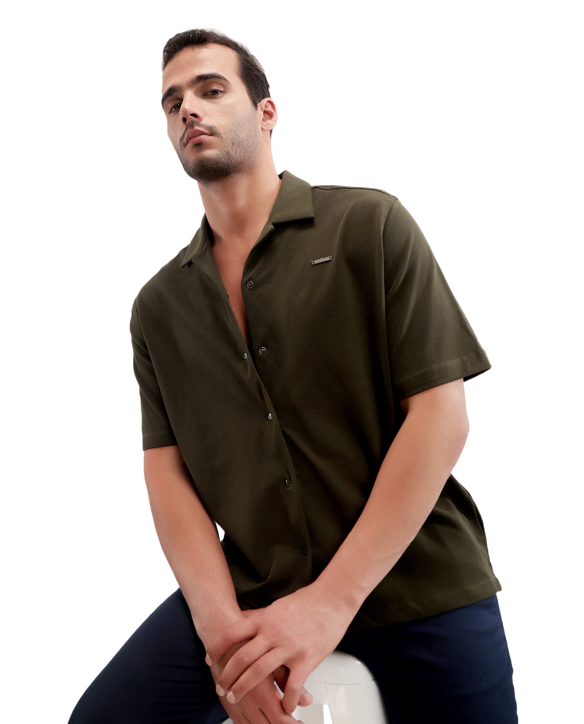 Vintage Olive Pique Knit Shirt with 7C Engraved Snap Buttons, Gun Metal Badge