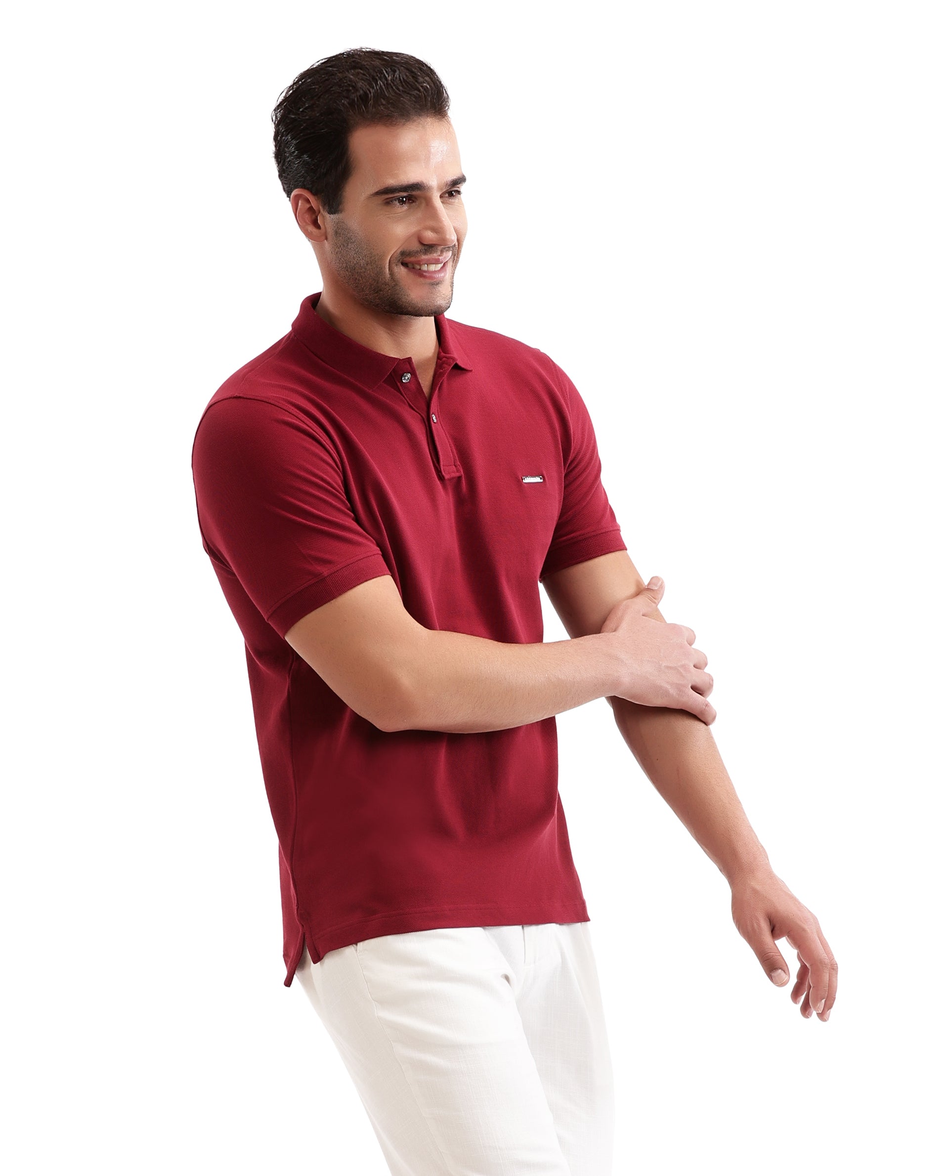 Bordeaux Maroon Pique Polo with Metal Buttons, 7C Metal Badge