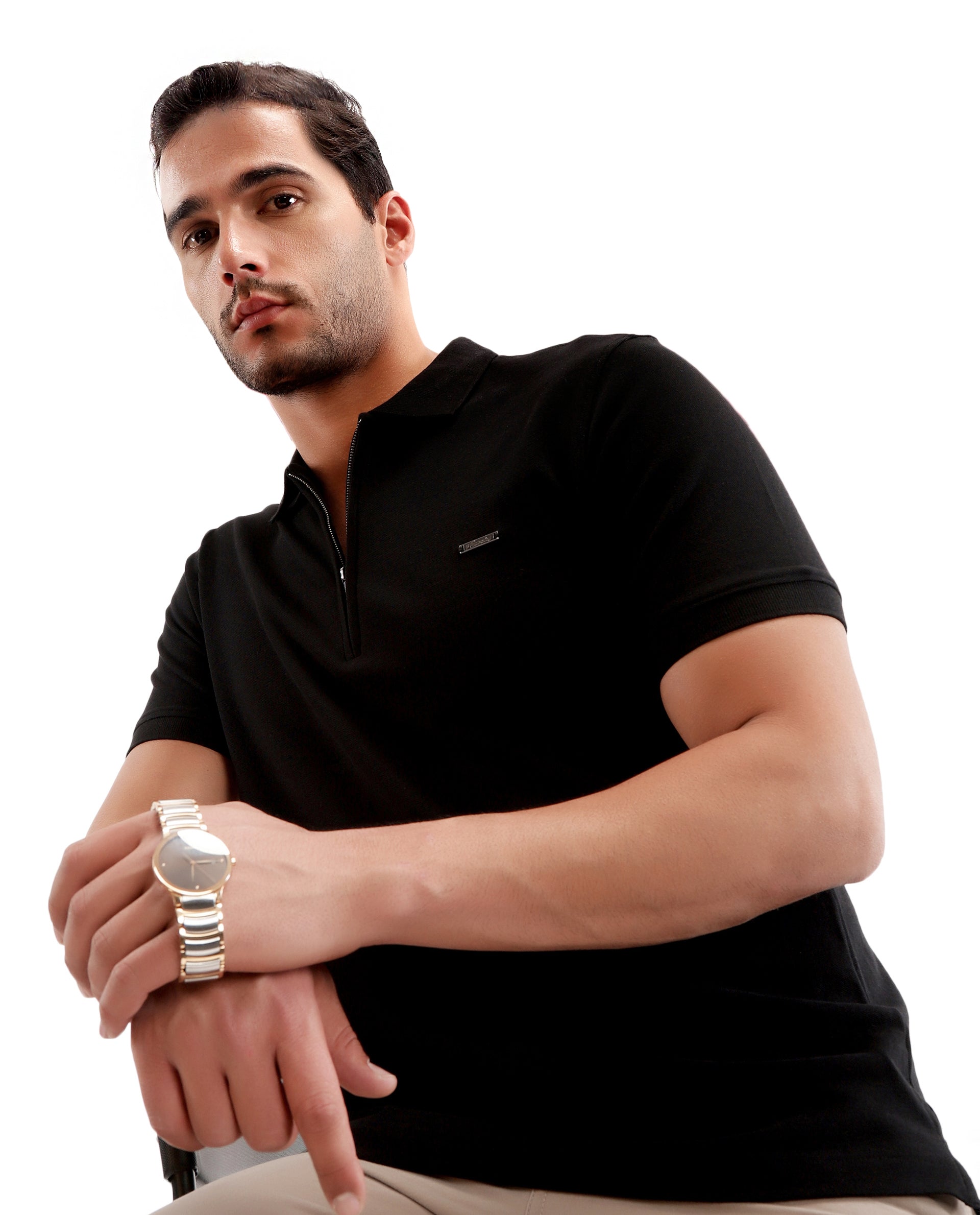 Charcoal Black Pique Polo with 7C Metal Zip, Metal Badge