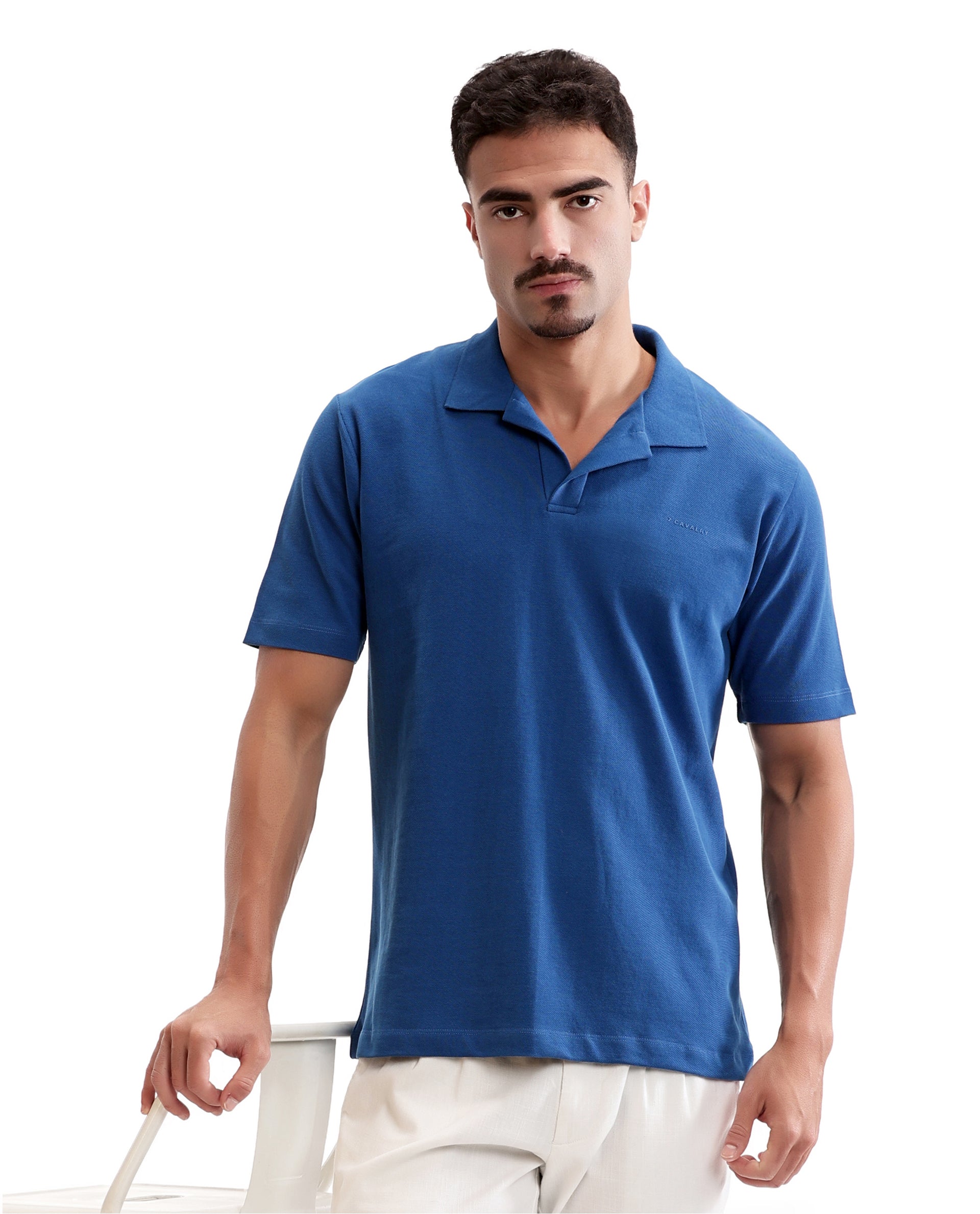 Imperial Prussian Blue Pique Johnny Collar Polo with HD Print
