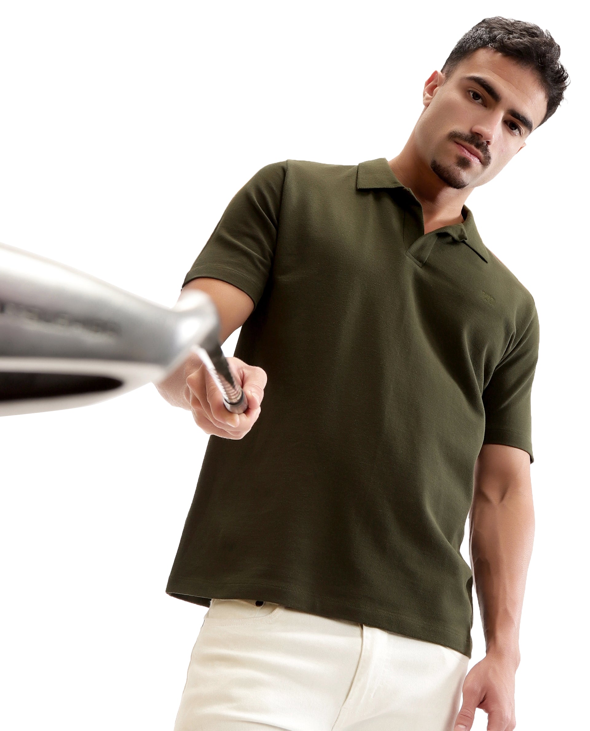 Vintage Olive Johnny Collar Pique Polo with Tone-on-Tone 7C Embroidery