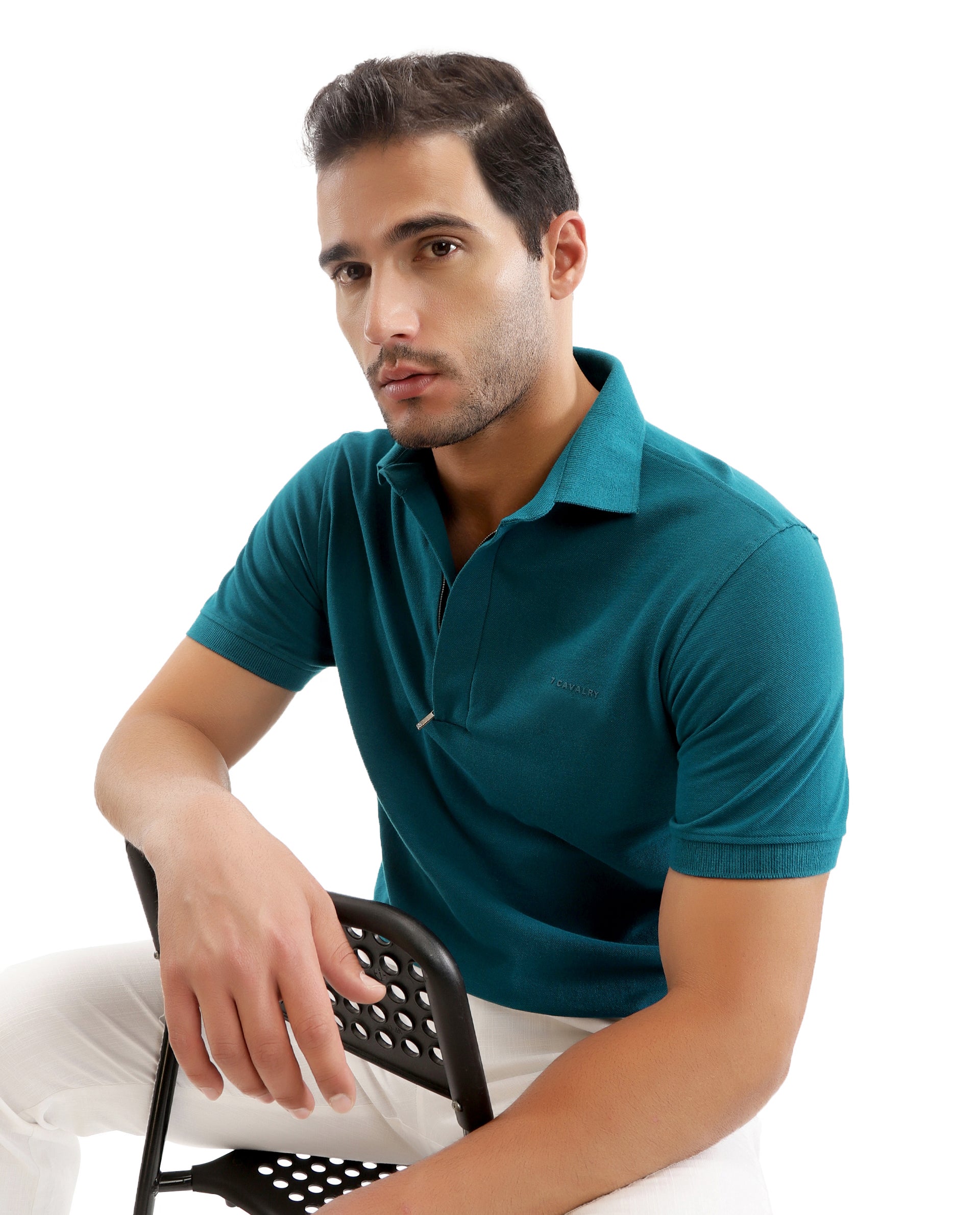 Ocean Teal Pique Polo with Concealed 7C Metal Zip, HD Print