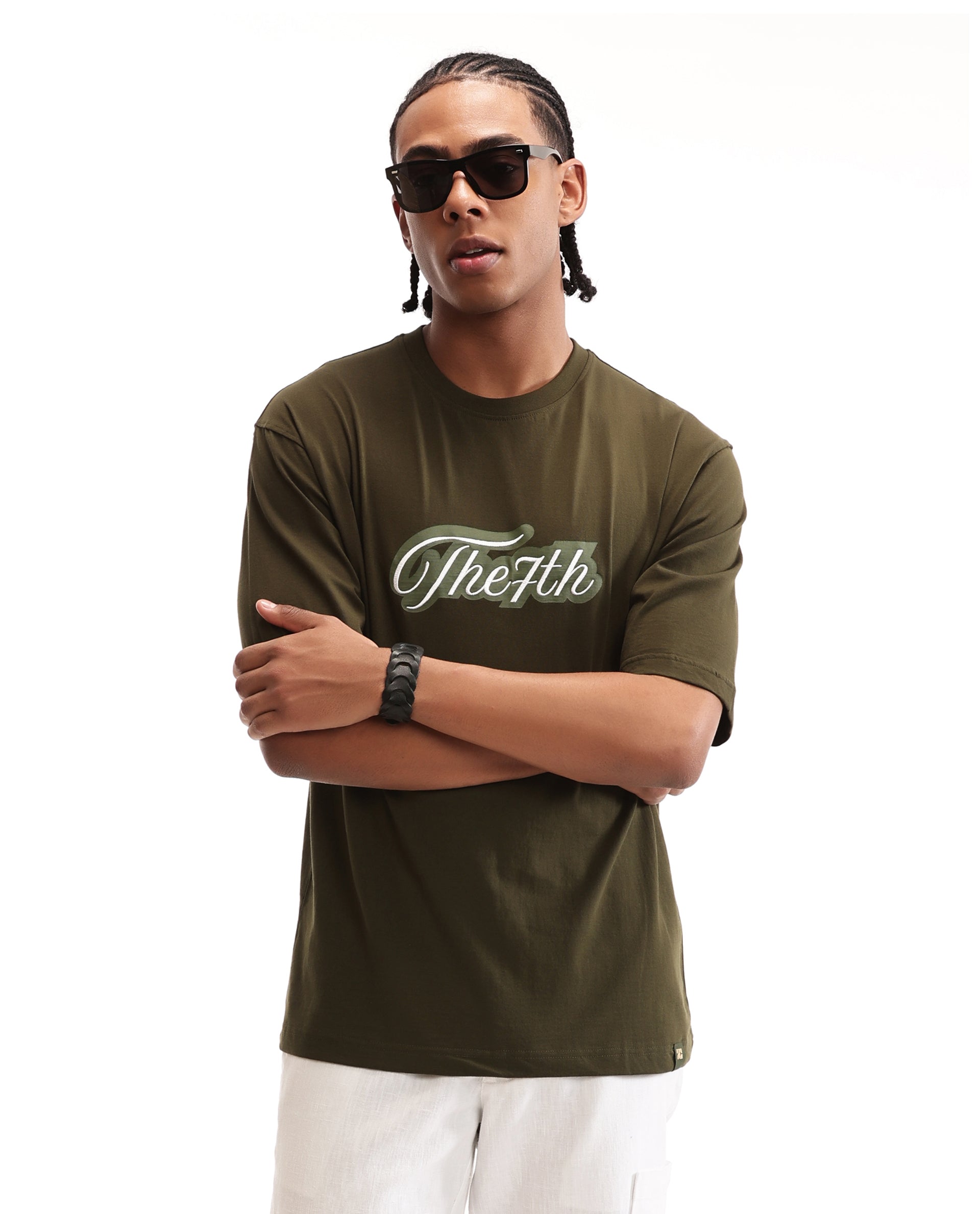 Vintage Olive Single Jersey Crew Neck Oversized T-Shirt with Light Olive Print & Pure White 7C Embroidery
