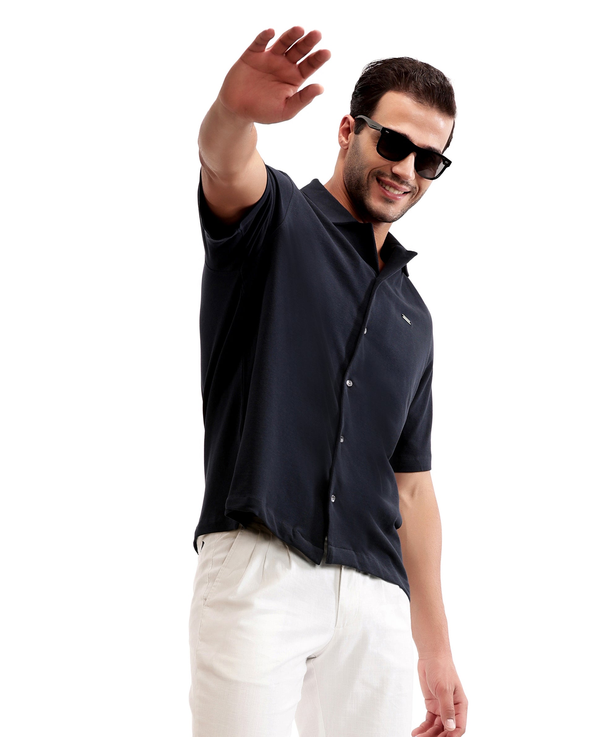 Midnight Navy Blue Pique Knit Shirt with 7C Metal Buttons, Gun Metal Badge